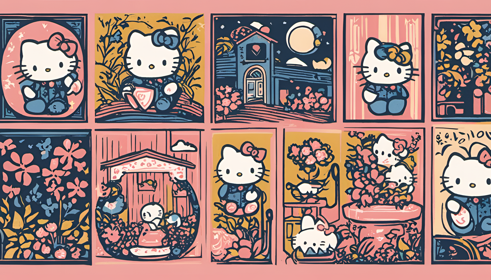 Colorful linocut print featuring Sanrio characters on a desktop wallpaper.