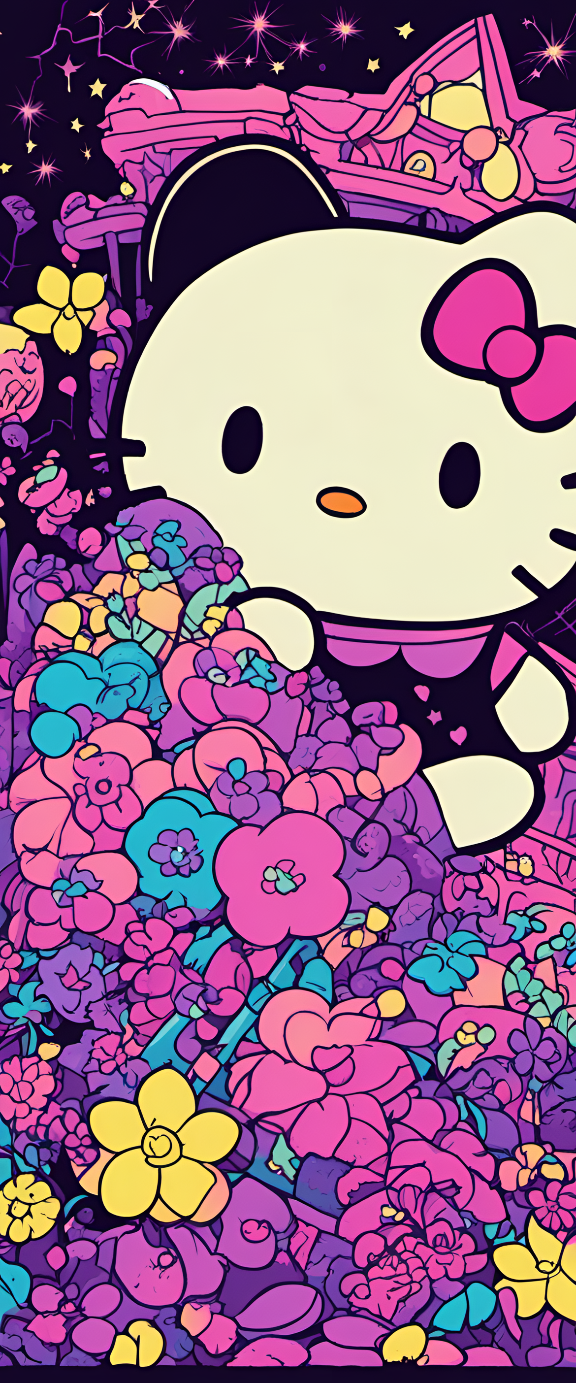 Sanrio character collages under a vibrant blacklight, creating a playful and colorful phone wallpaper.