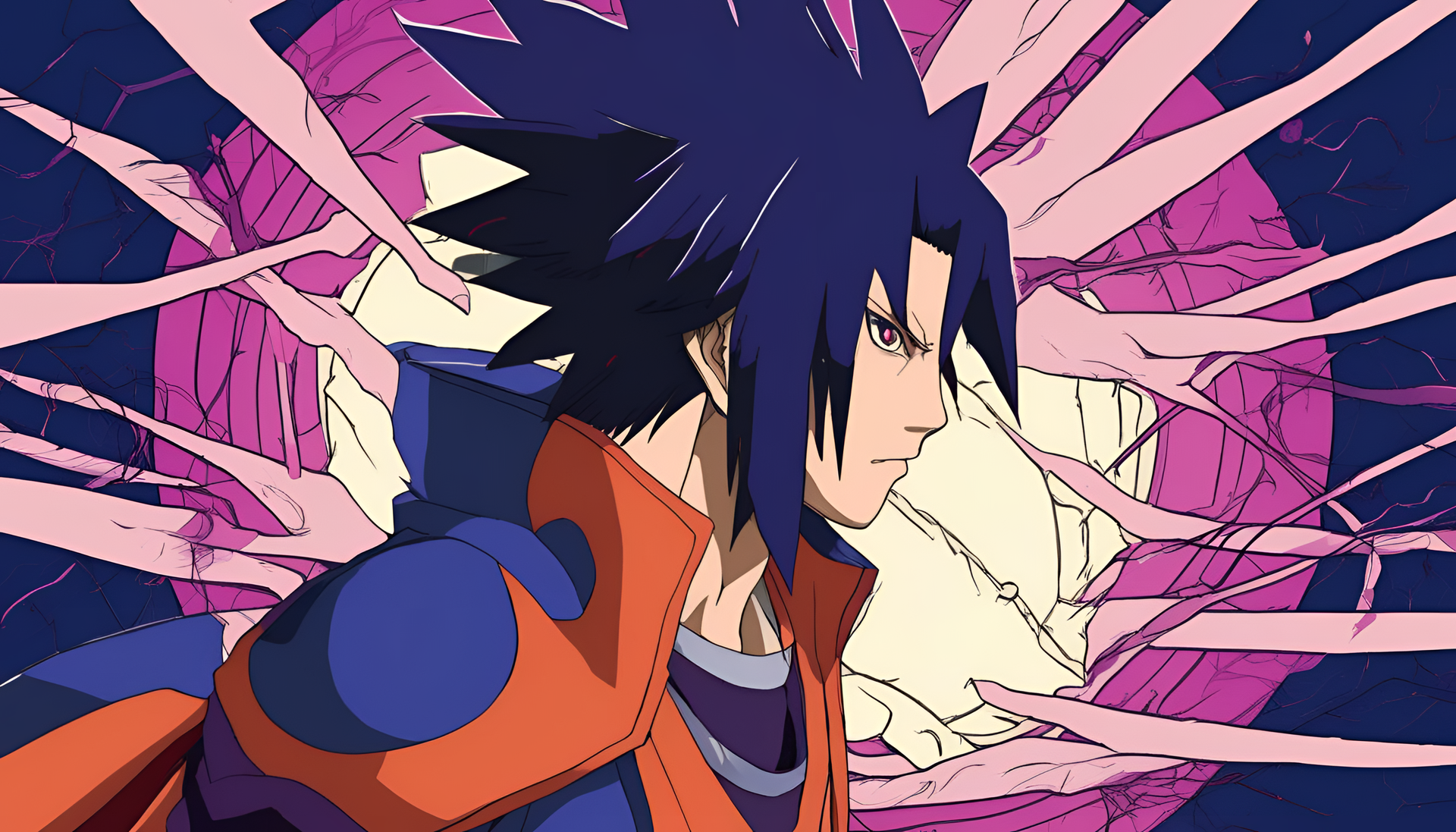 Vibrant clash of colors showcasing Sasuke, a popular character.