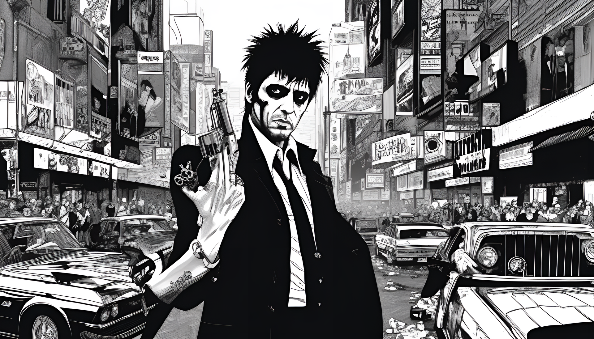 Ultra-detailed punkcore artwork inspired by Scarface.