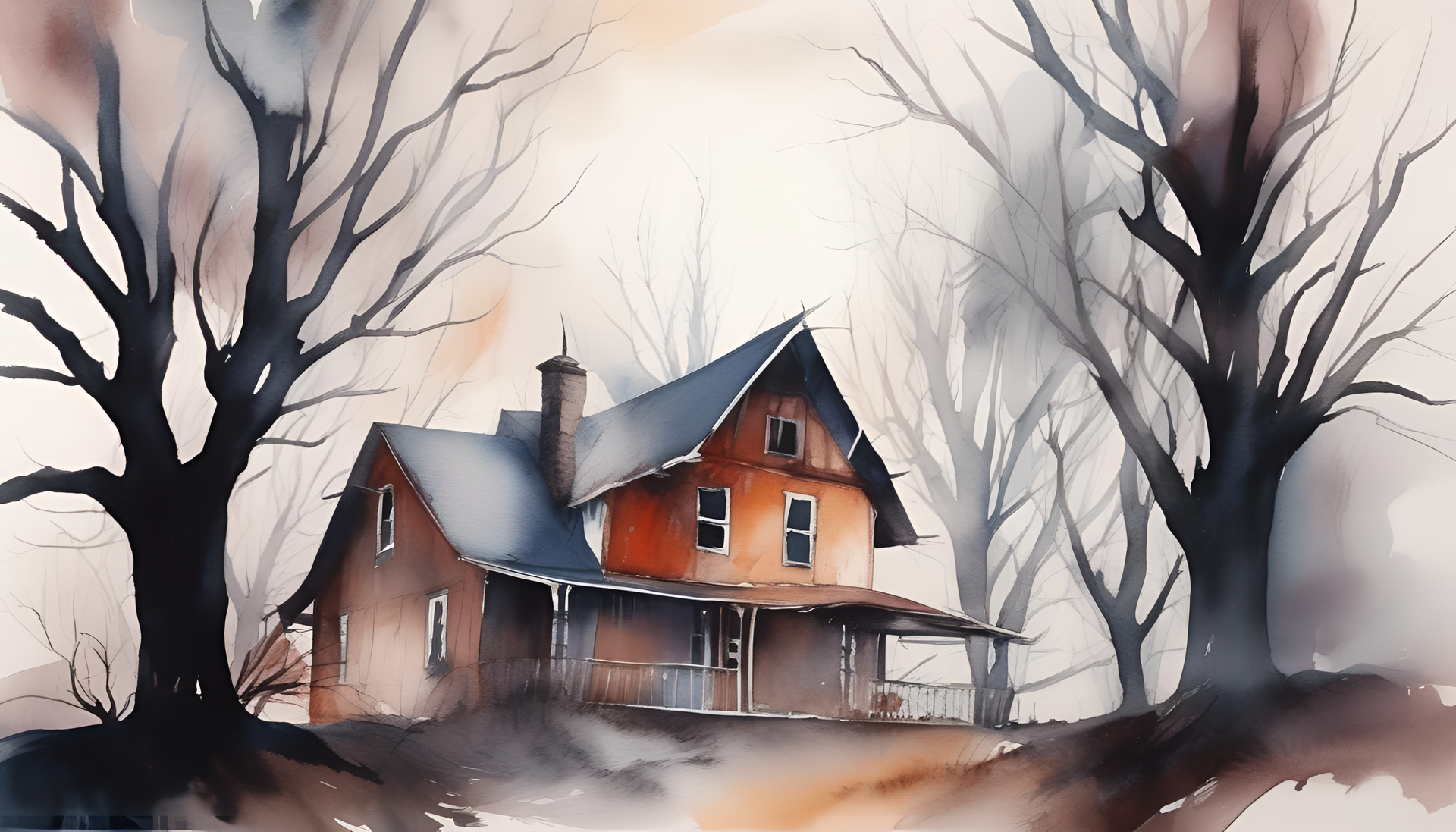 Watercolor painting of a spooky scene with dark trees and a full moon.