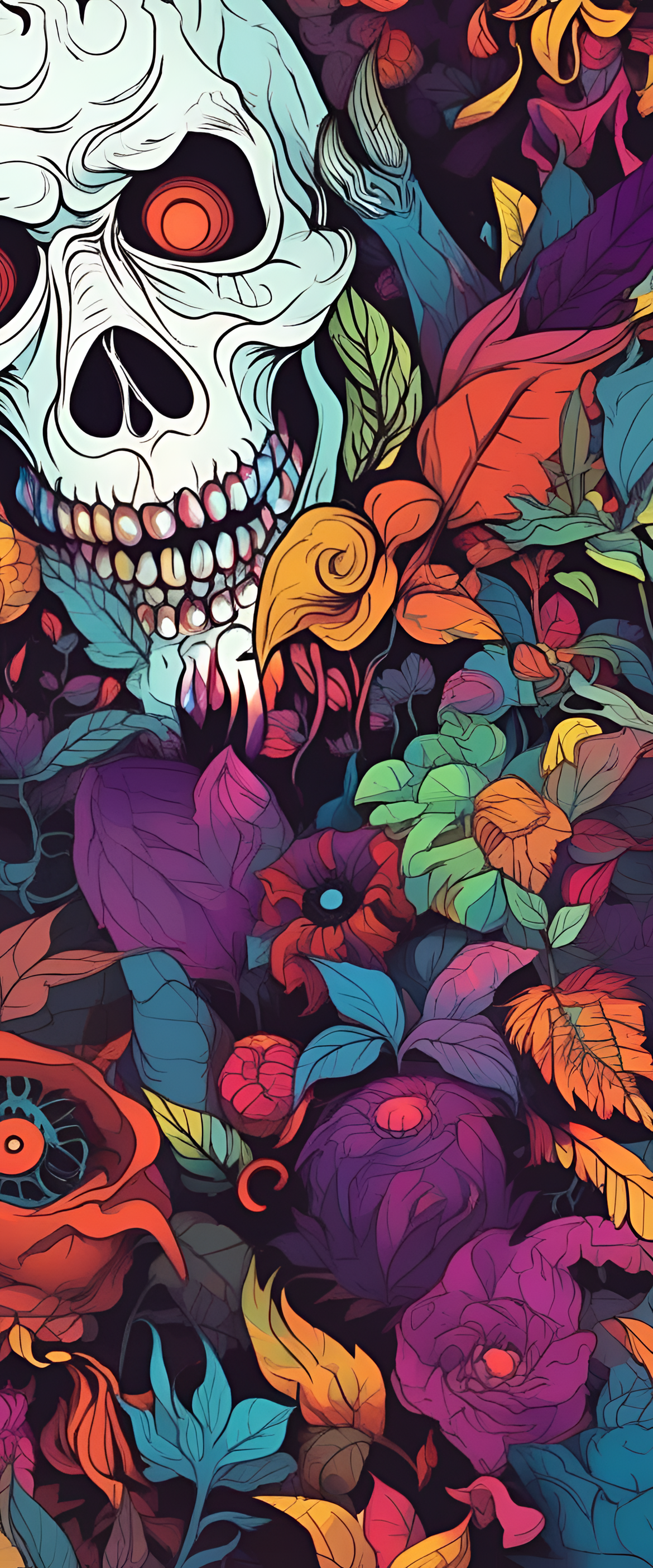 Colorful Halloween-themed wallpaper with a spooky and eerie design.