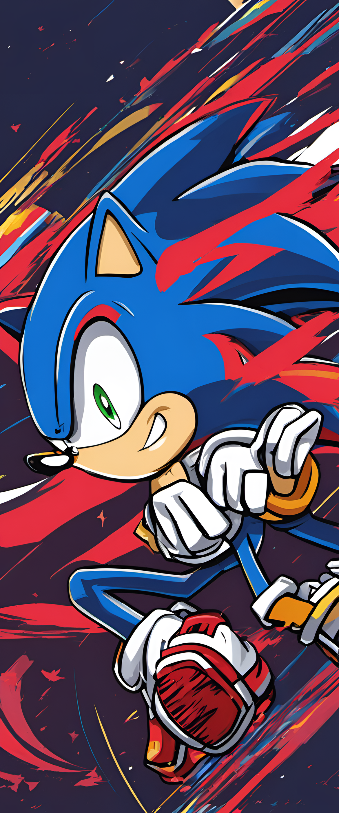 Sonic the Hedgehog running against a vibrant sunset backdrop on a phone wallpaper.