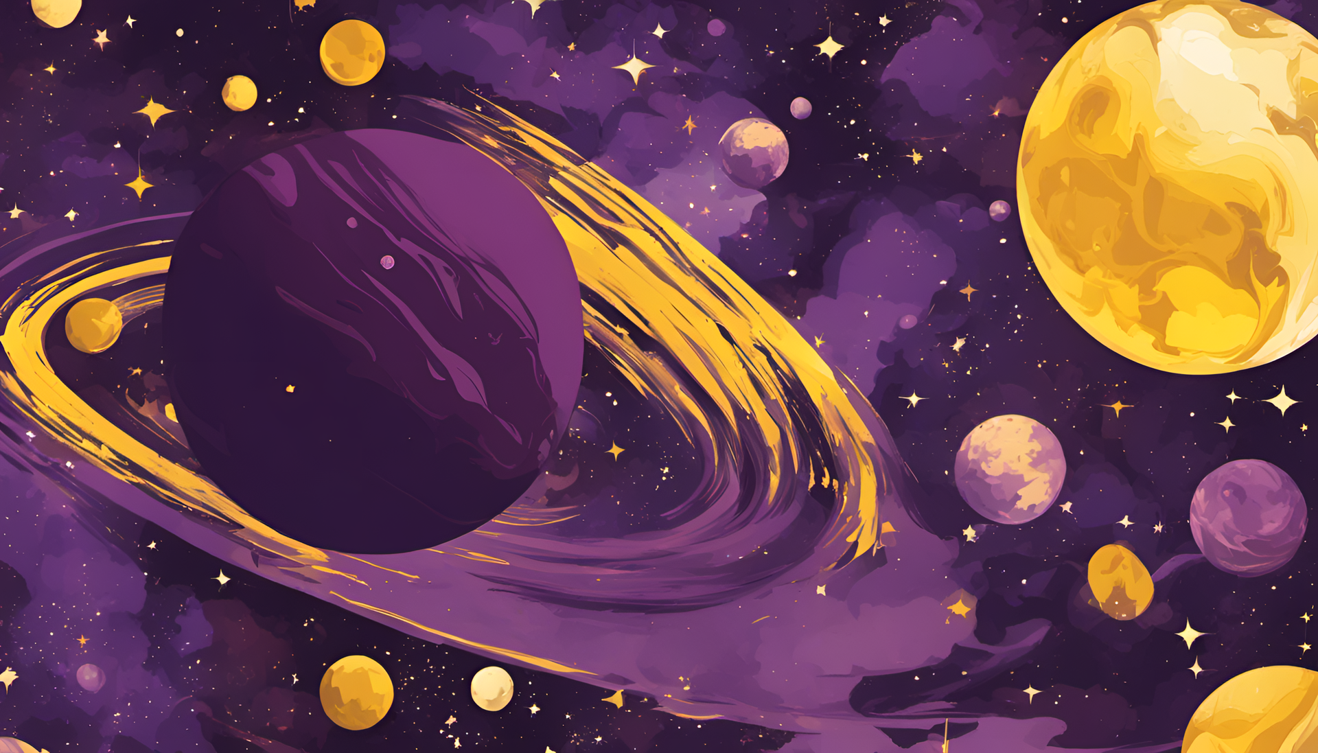 Vibrant purple and yellow cosmic scene with celestial elements.