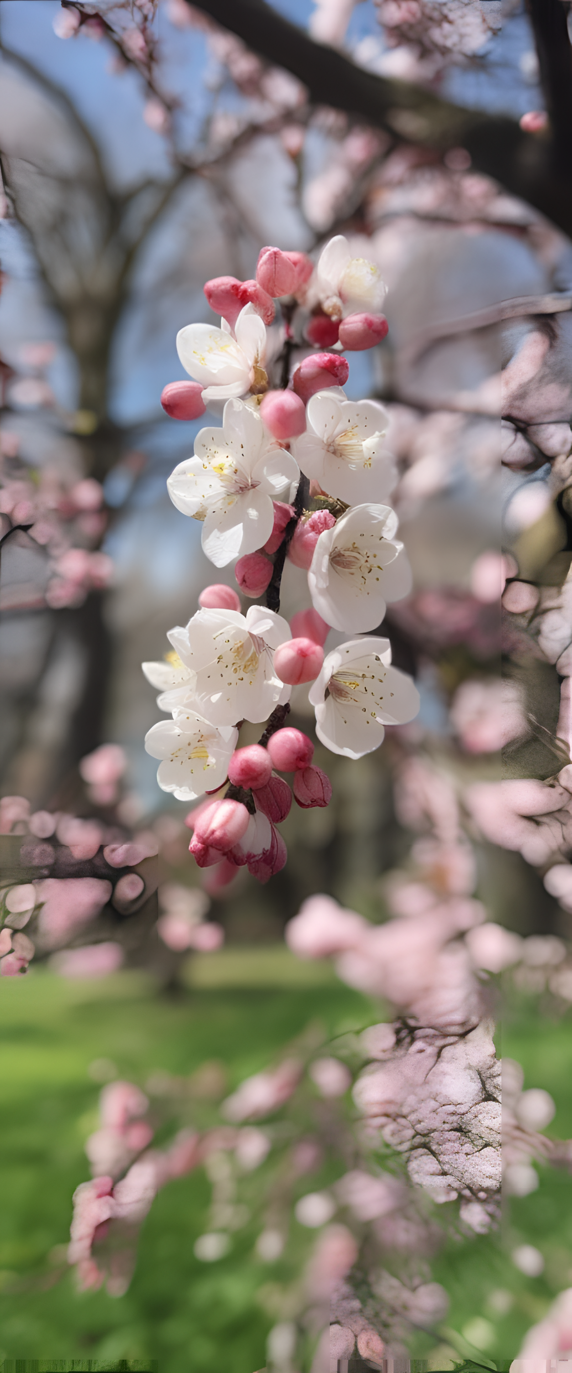 Vibrant spring wallpaper with blossoming flowers and a clear blue sky.