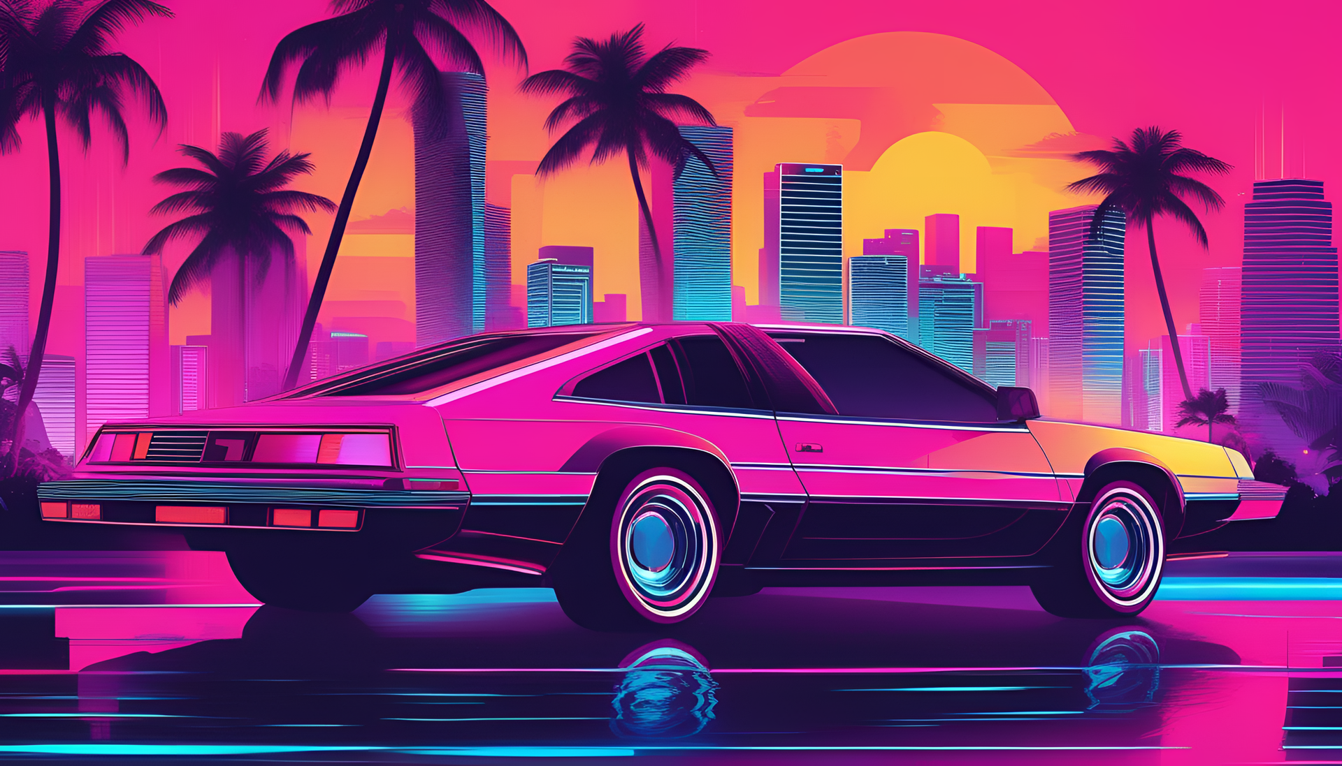 Glamorous 80s Miami-style synthwave stars