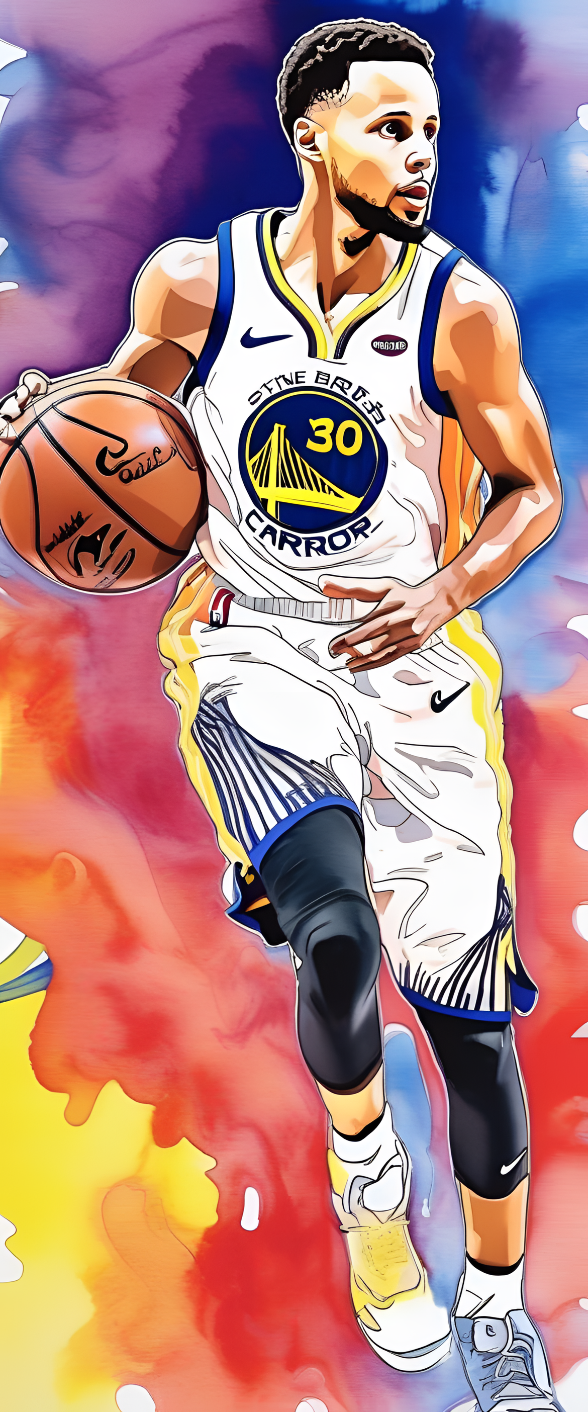 Stephen Curry portrait with vibrant watercolor and ink pen outline on a colorful background.