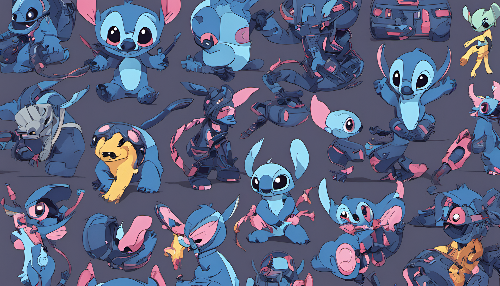 Futuristic Stitch with vibrant blue and purple colors on a wallpaper.