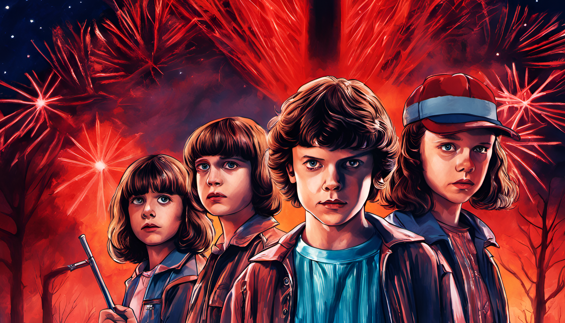 Stranger Things wallpaper featuring iconic characters and retro vibes.