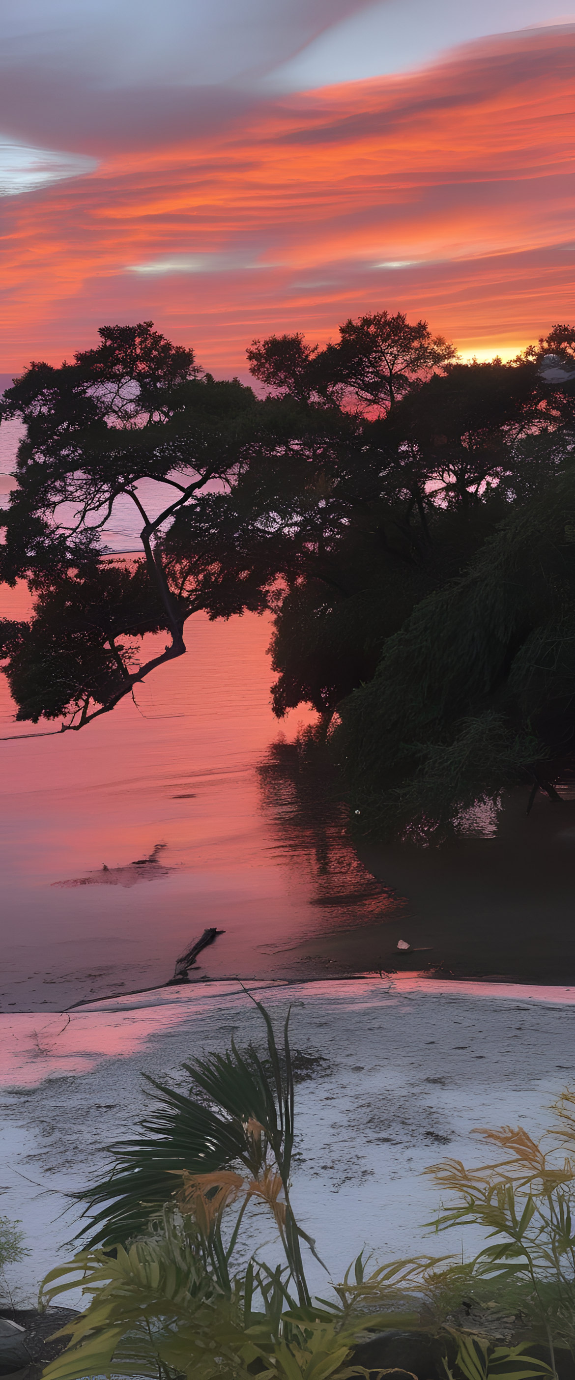 Vibrant sunset sky reflected in calm water.