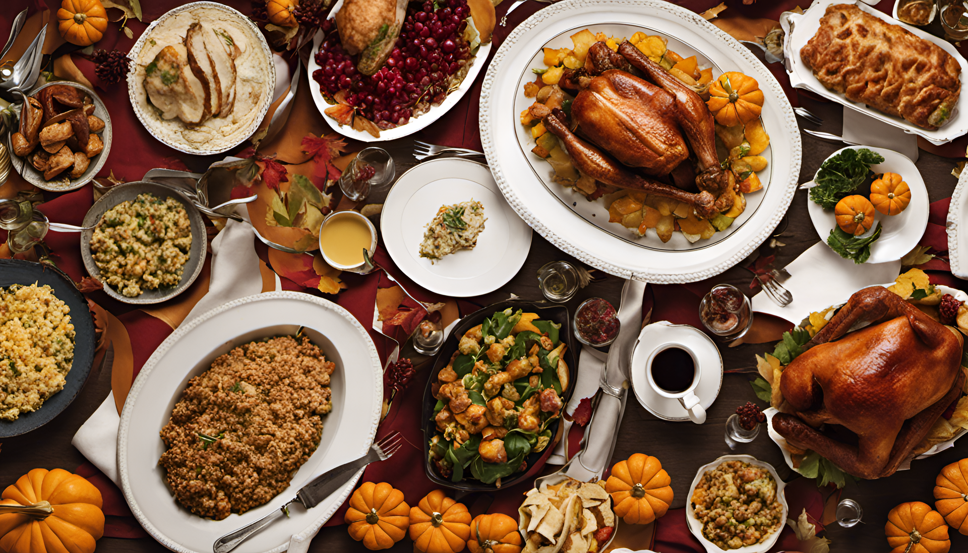 Thanksgiving feast with a beautifully set table and a variety of delicious food.