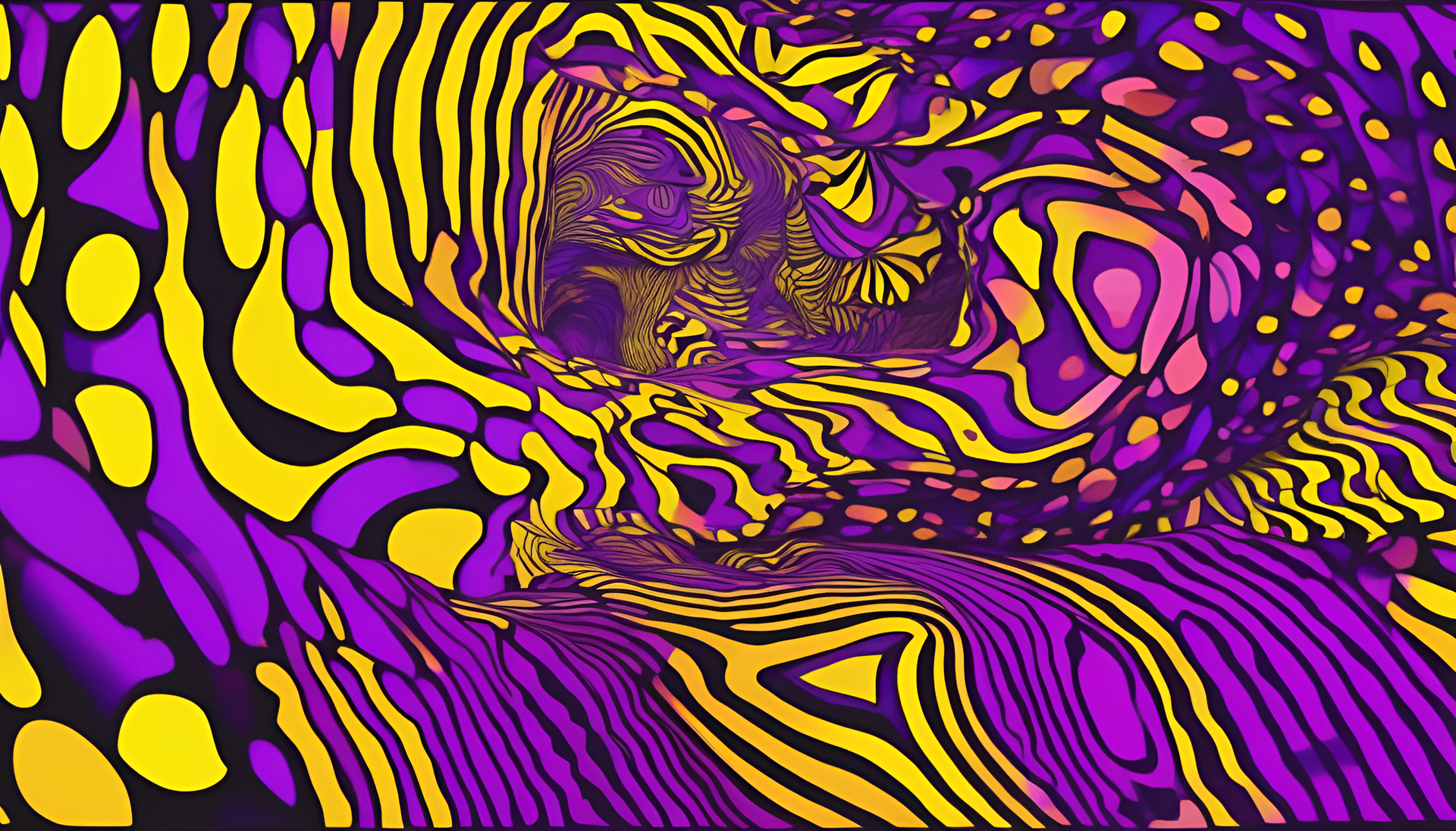 Vibrant and psychedelic design in purple and yellow colors.