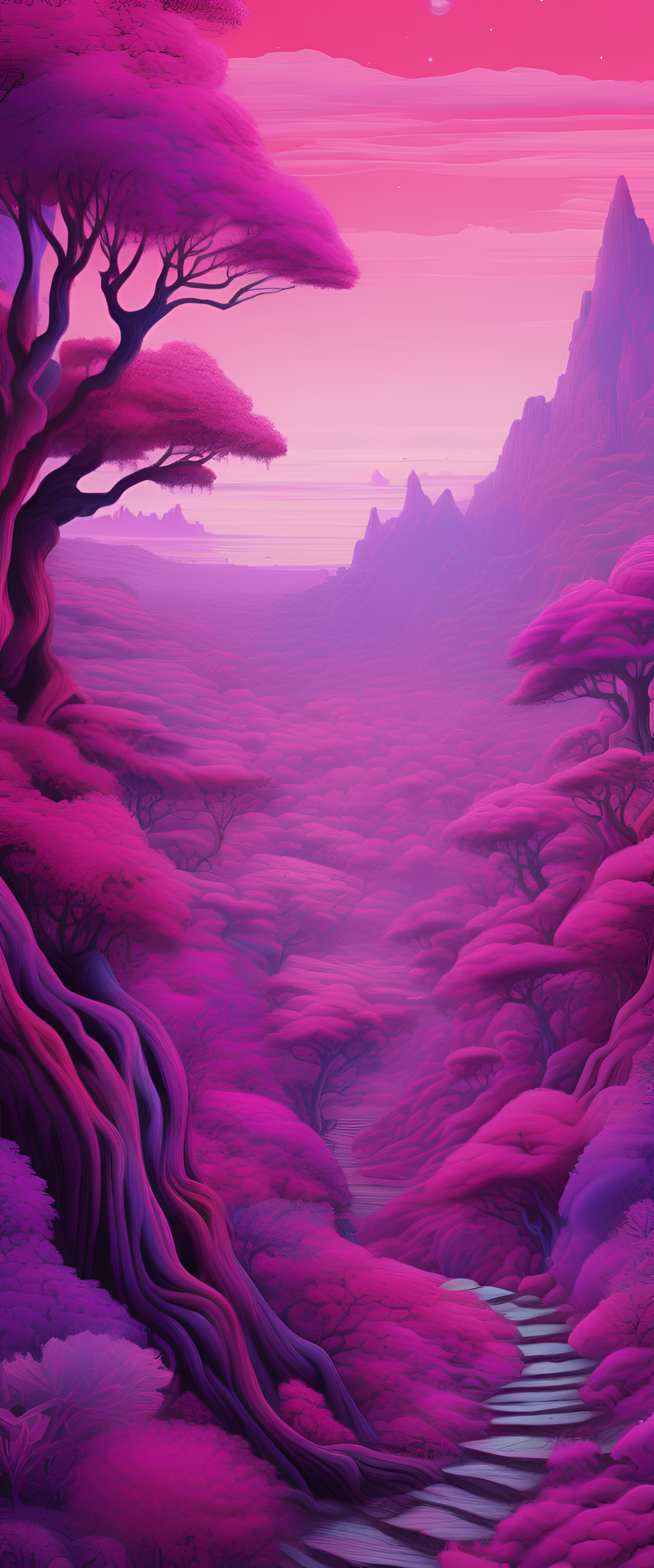 Vibrant and intricate pink and purple psychedelic wallpaper.