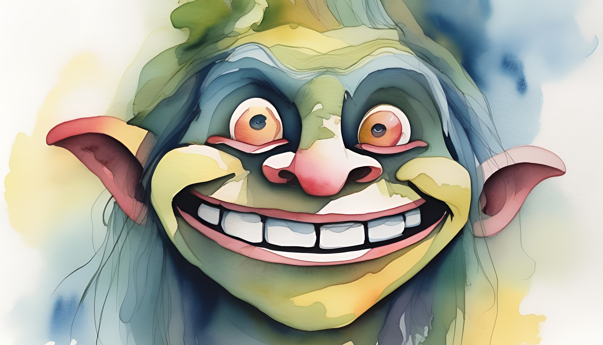 Colorful watercolor painting of a troll face.