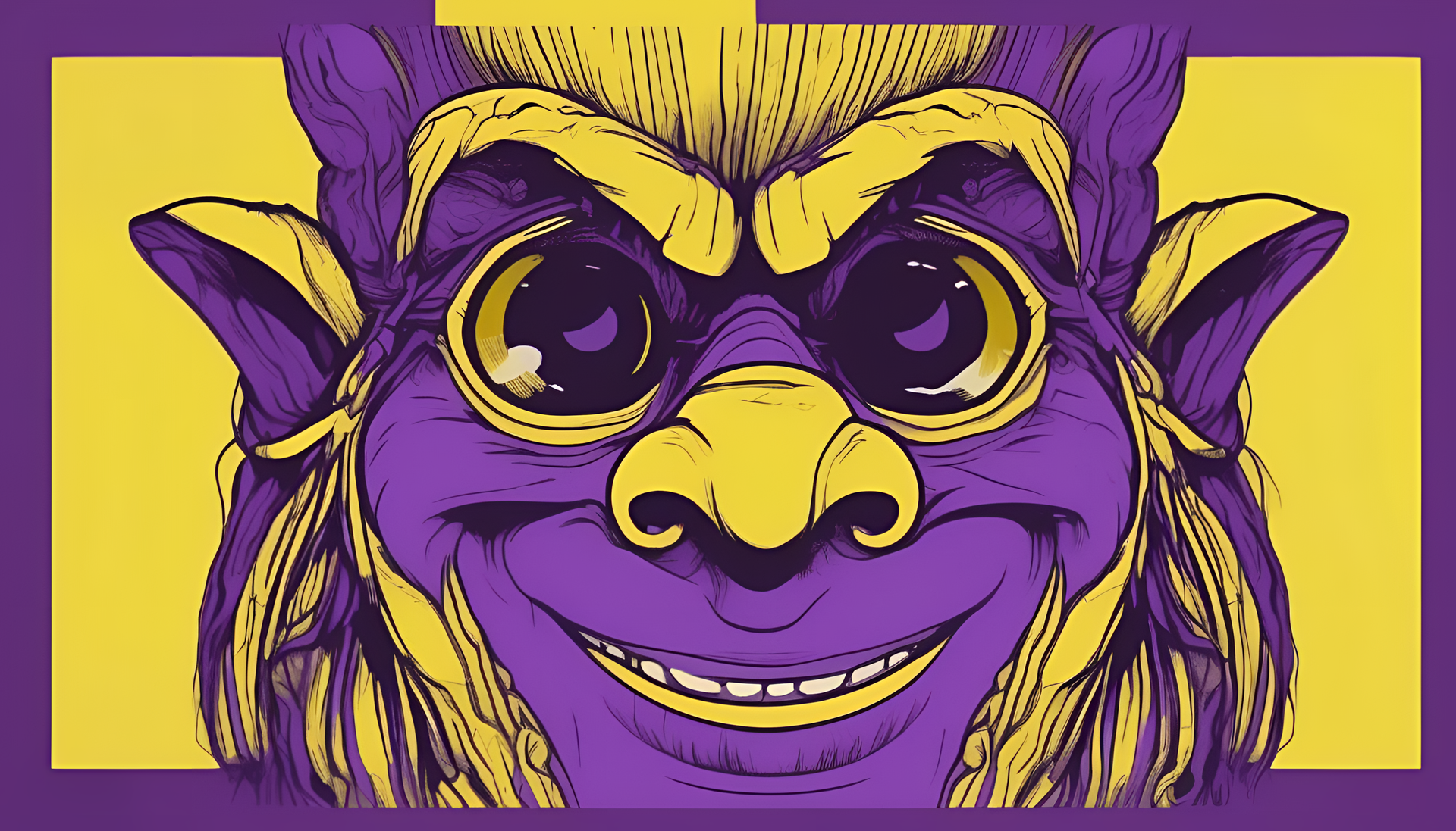 Troll face with purple and yellow colors on a desktop wallpaper.