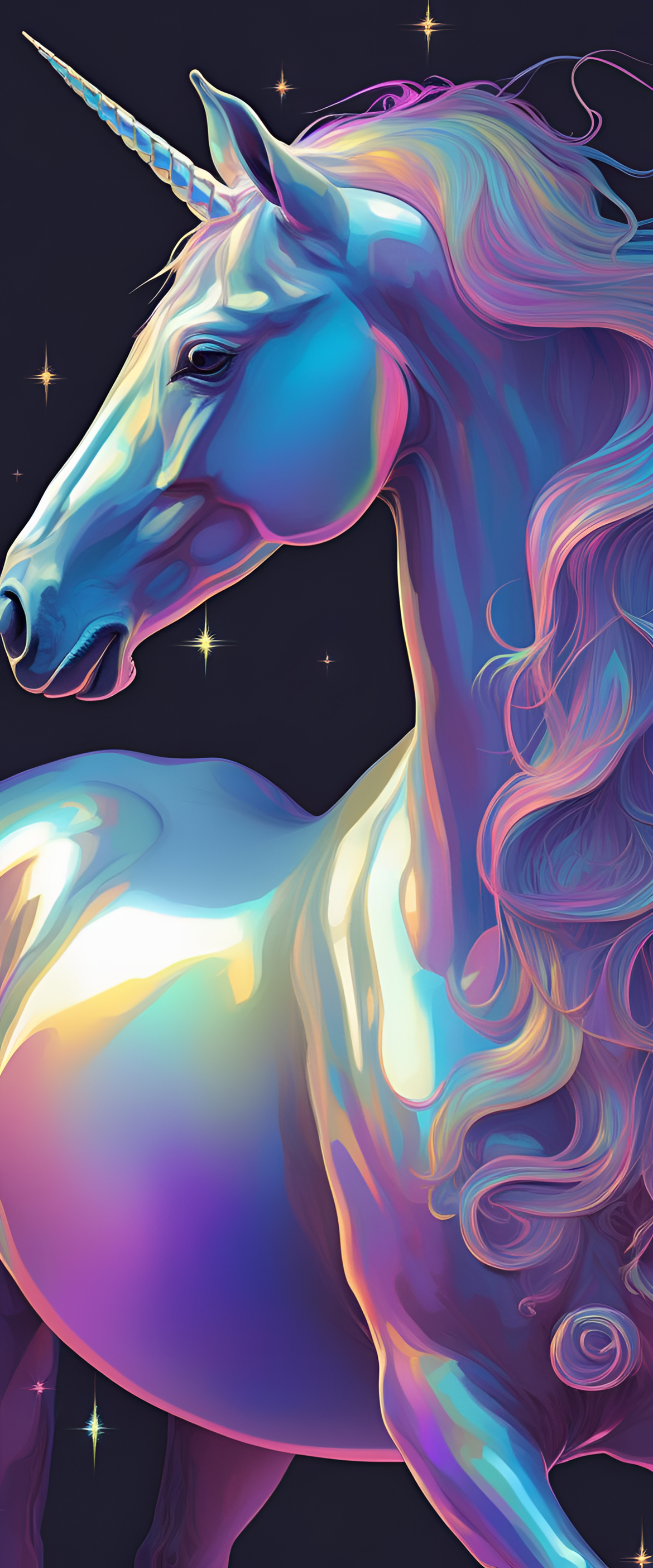 Majestic iridescent unicorn against a dreamy background.