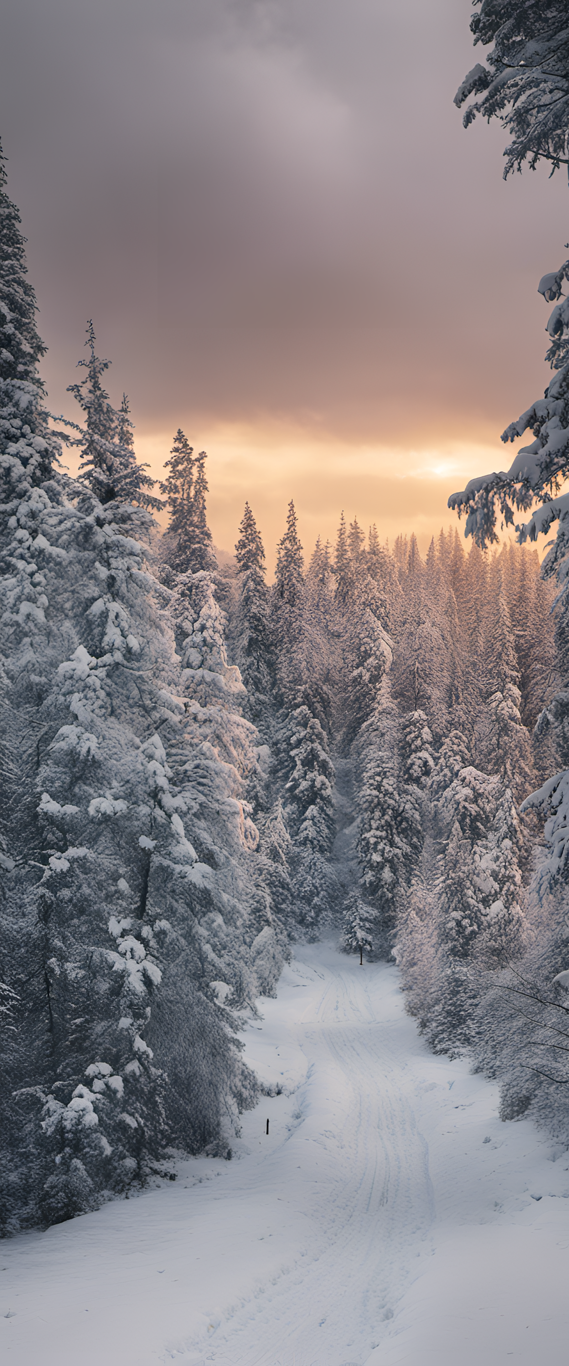 Snowy tree on a frozen lake with soft pink sunset in the background.