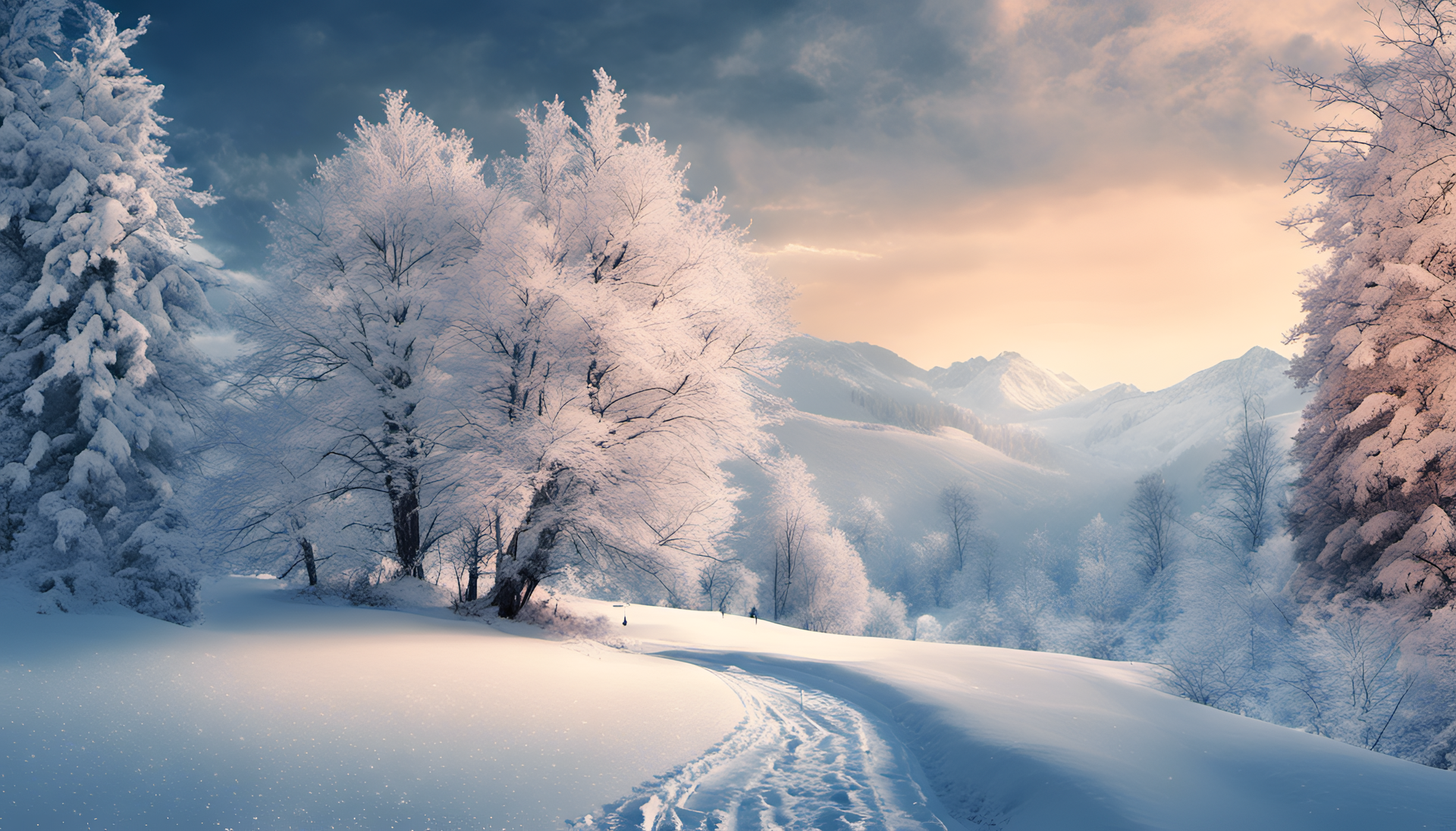 Winter wonderland with snow-capped trees and a serene icy landscape.