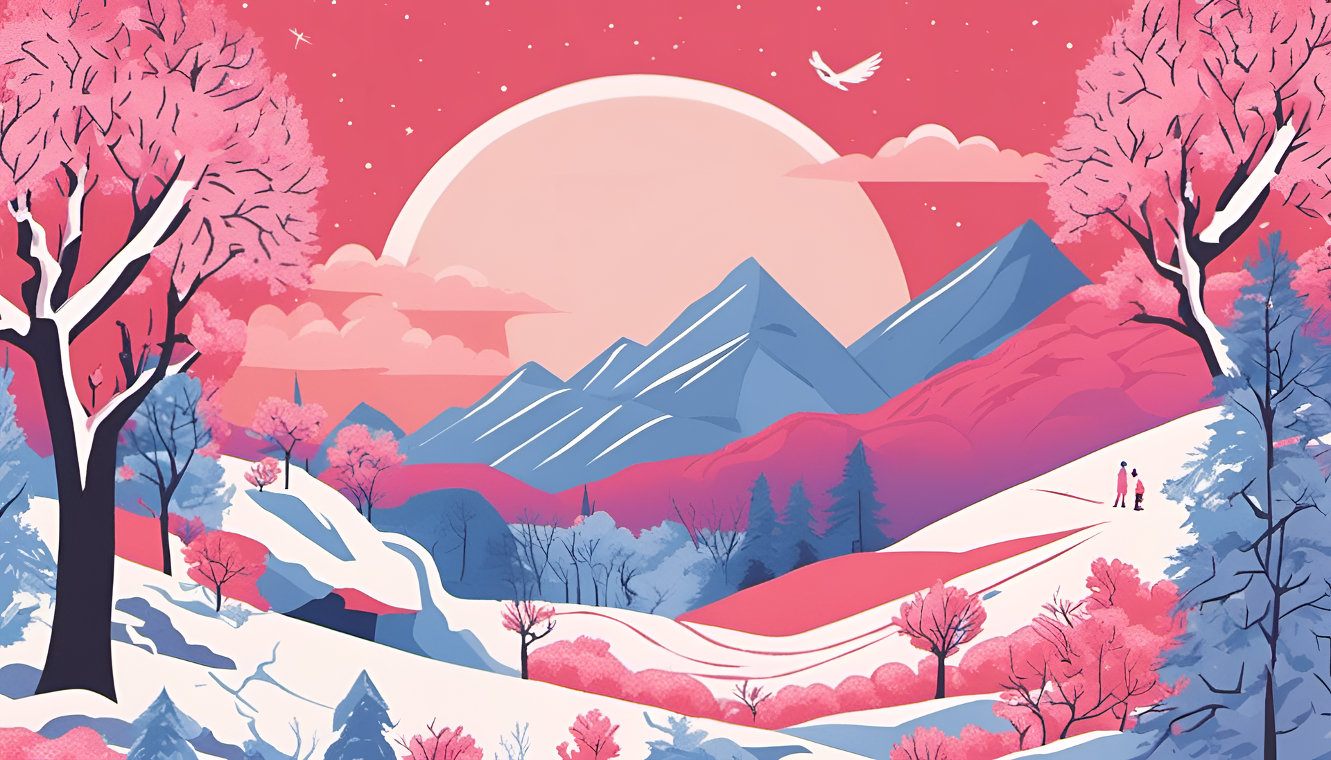 A serene winter landscape with snowy trees and mountains in a colorful risograph style.