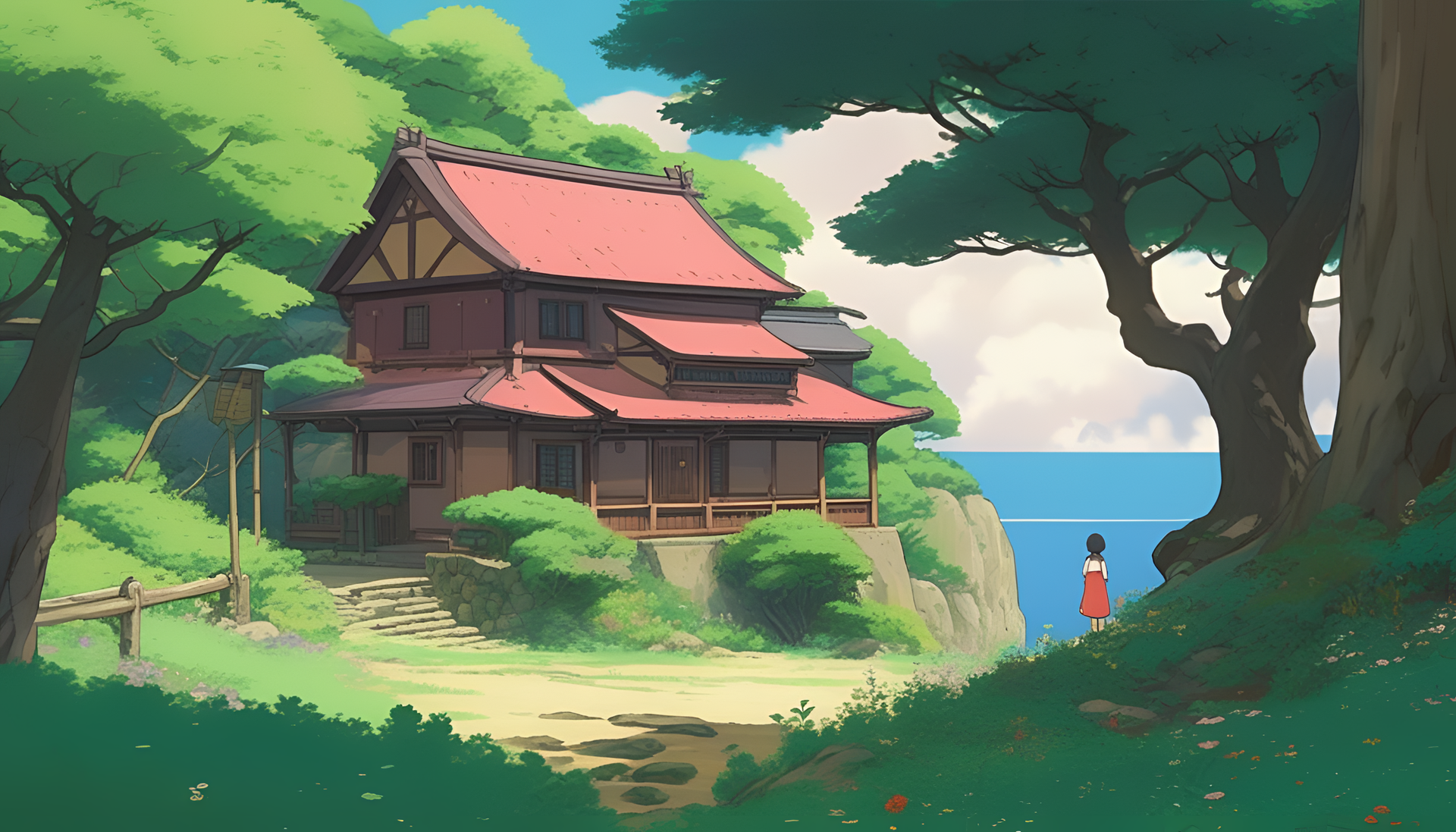 Colorful anime landscape with vintage house, lush green hills, and a flowing river.