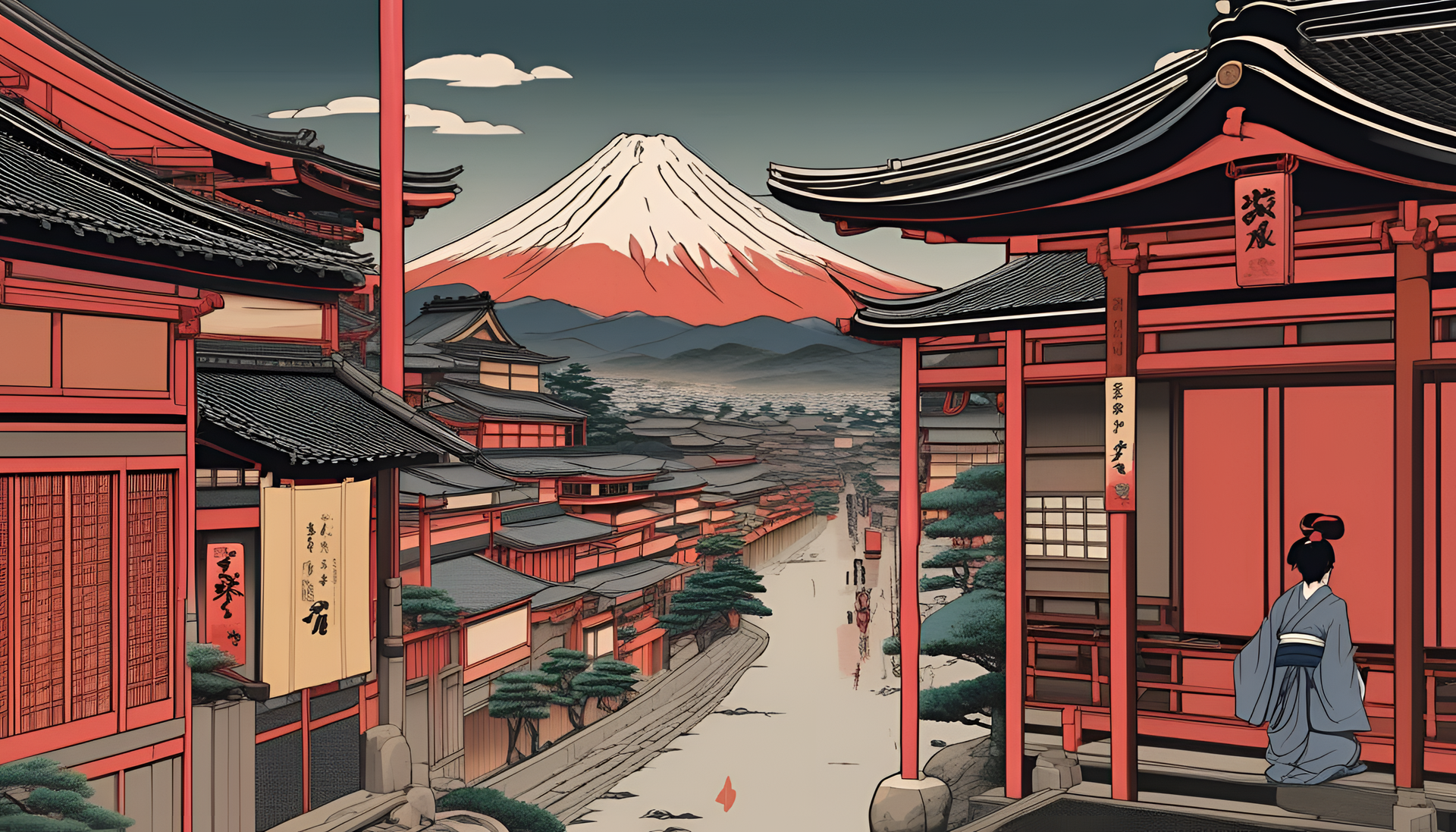 Colorful Japanese art inspired by Ukiyo-e style, featuring anime characters in a scenic background.