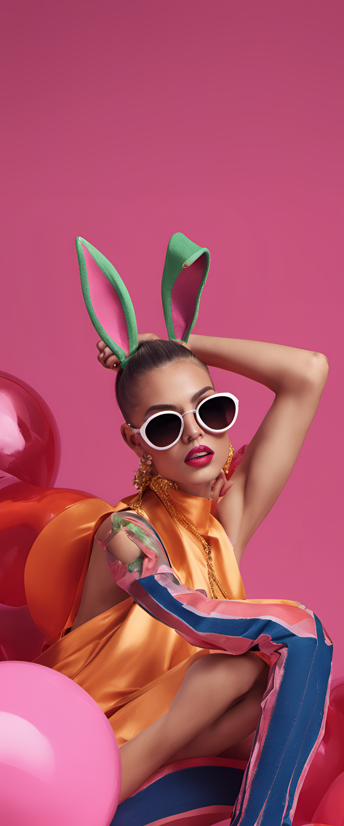 Bad Bunny phone wallpaper with vibrant high fashion colors and sharp details.