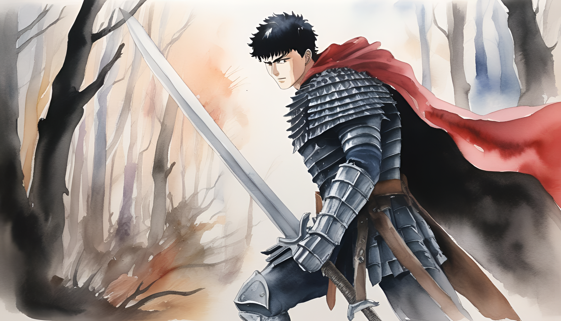 Watercolor artwork of Berserk's main character, depicting the dark and intense atmosphere of the series.