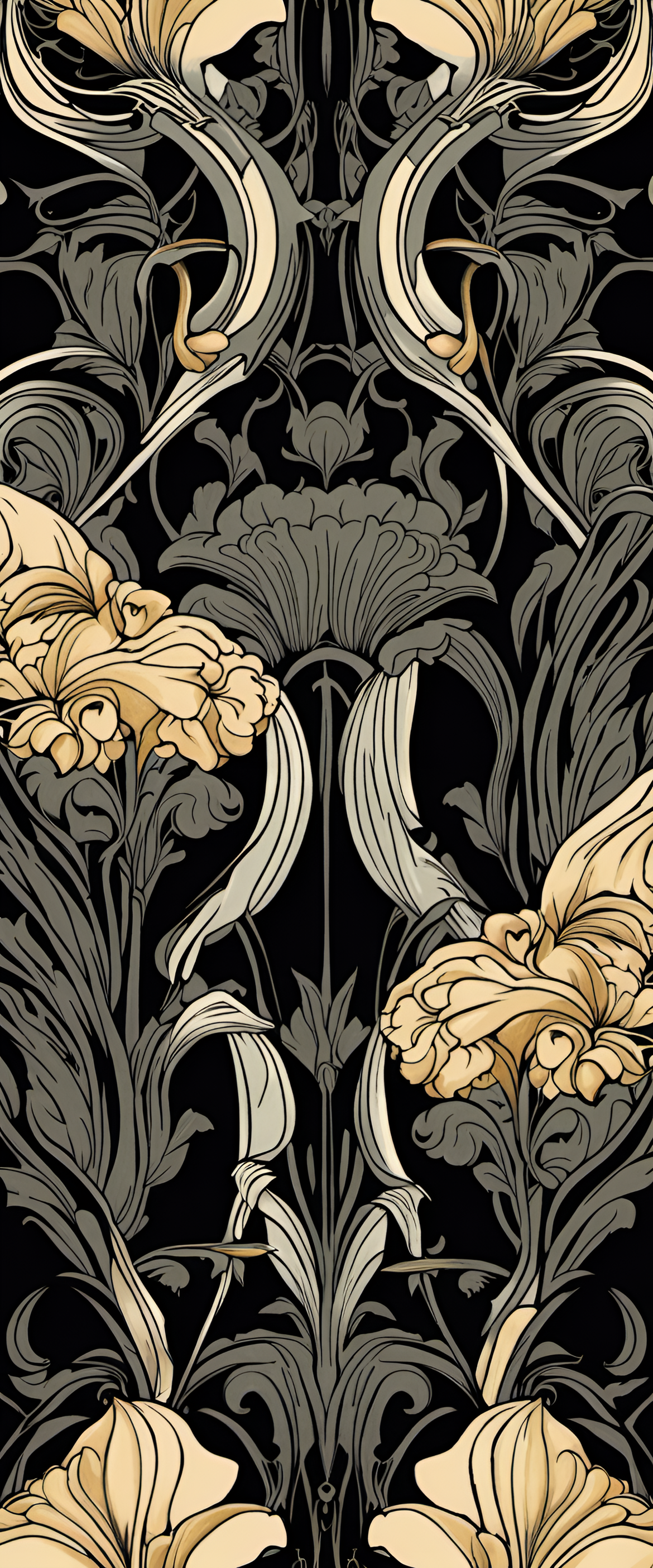 Art Nouveau inspired black wallpaper design with intricate patterns and flowing lines.