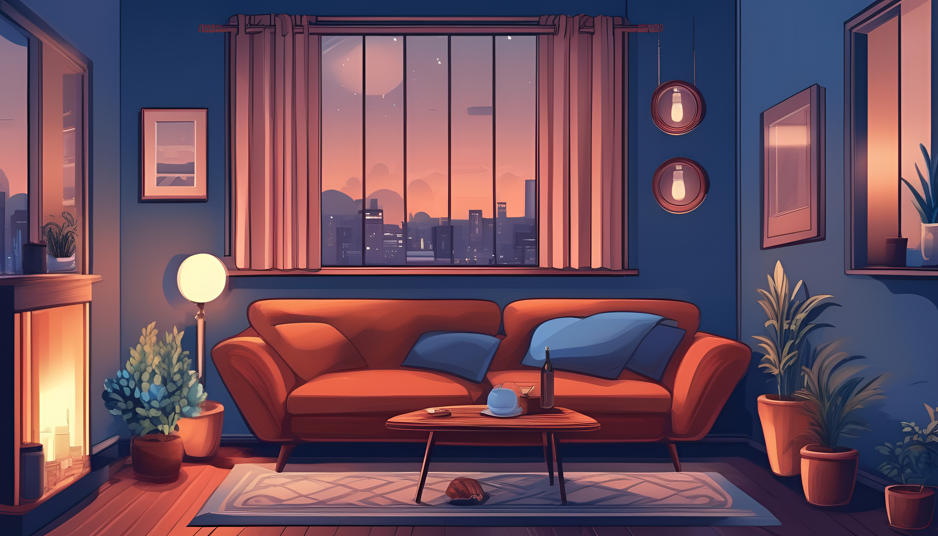 Cozy evening ambiance with blue background