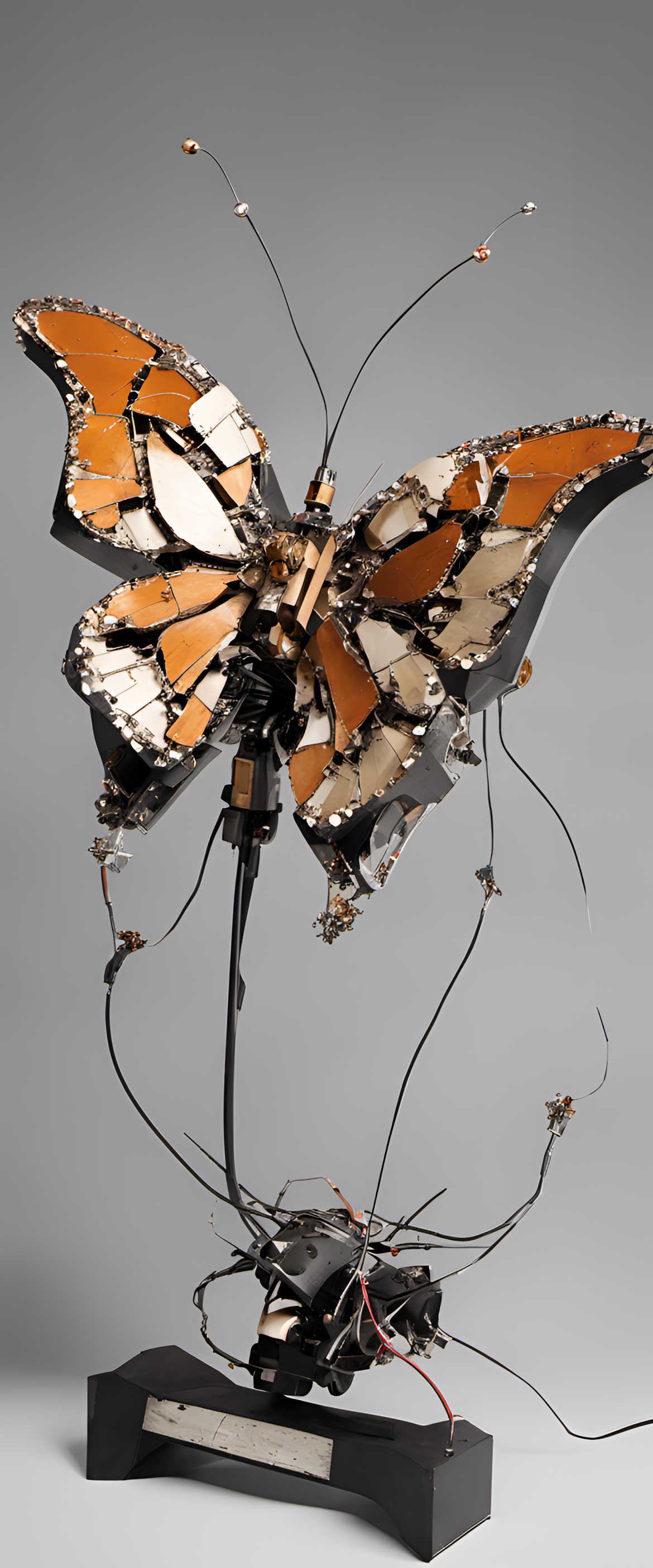 Abstract sculpture resembling a robotic butterfly with cracked layers, revealing a deconstructive design.