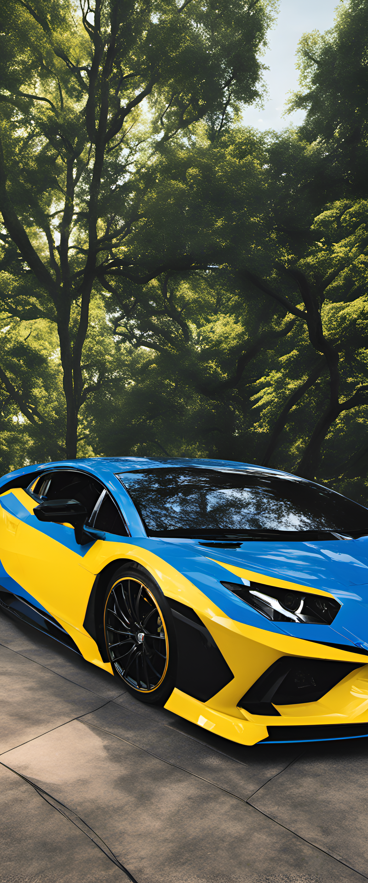 Blue and yellow car on a futuristic background.