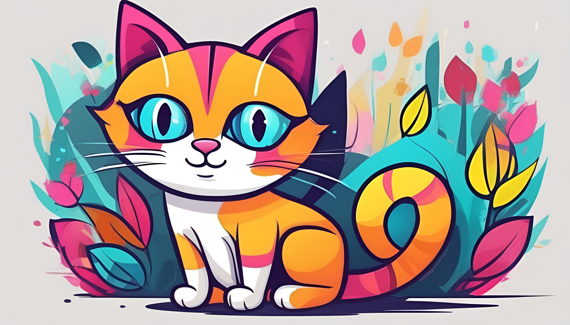 Vibrant cartoon cat staring curiously with vivid colors.