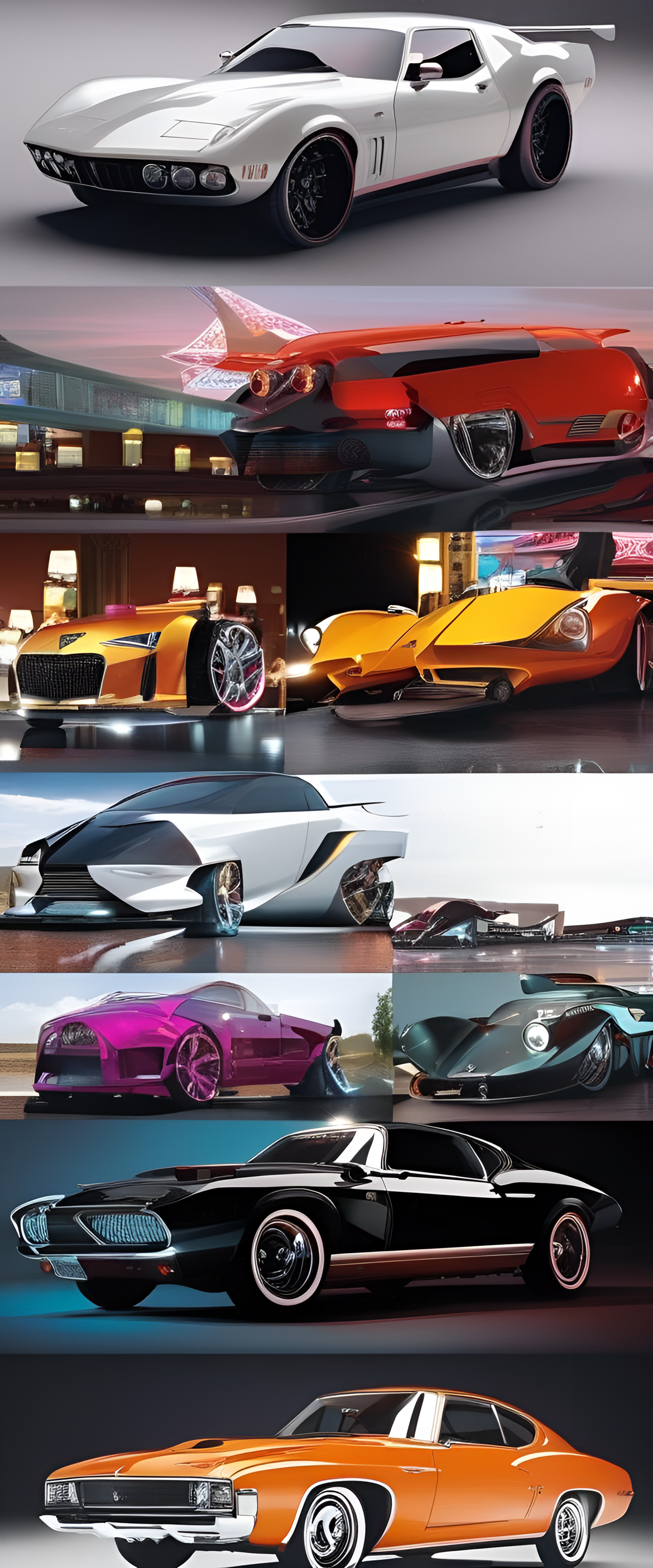 Stylish cars racing on a neon-lit track, showcasing their sleek designs and vibrant colors.