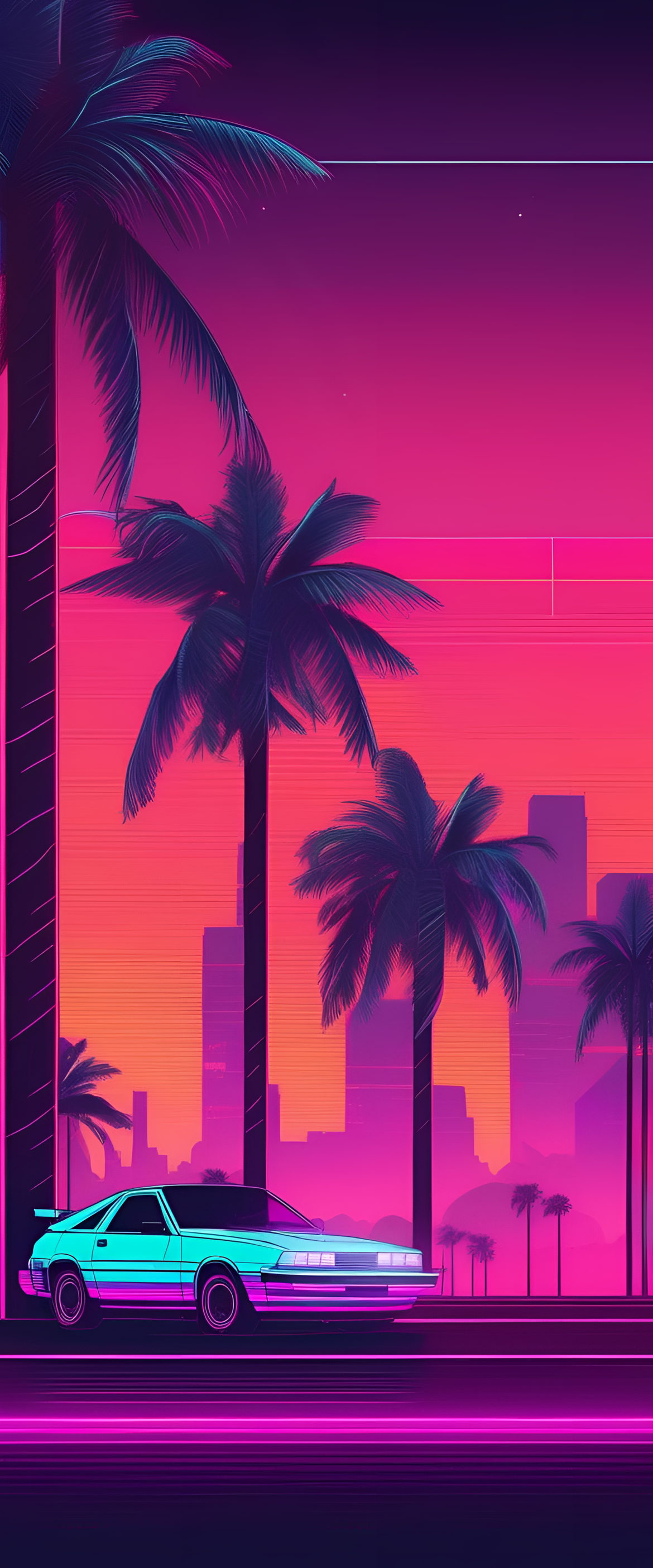 Vibrant, retro-inspired wallpaper with a cool, retrowave style.