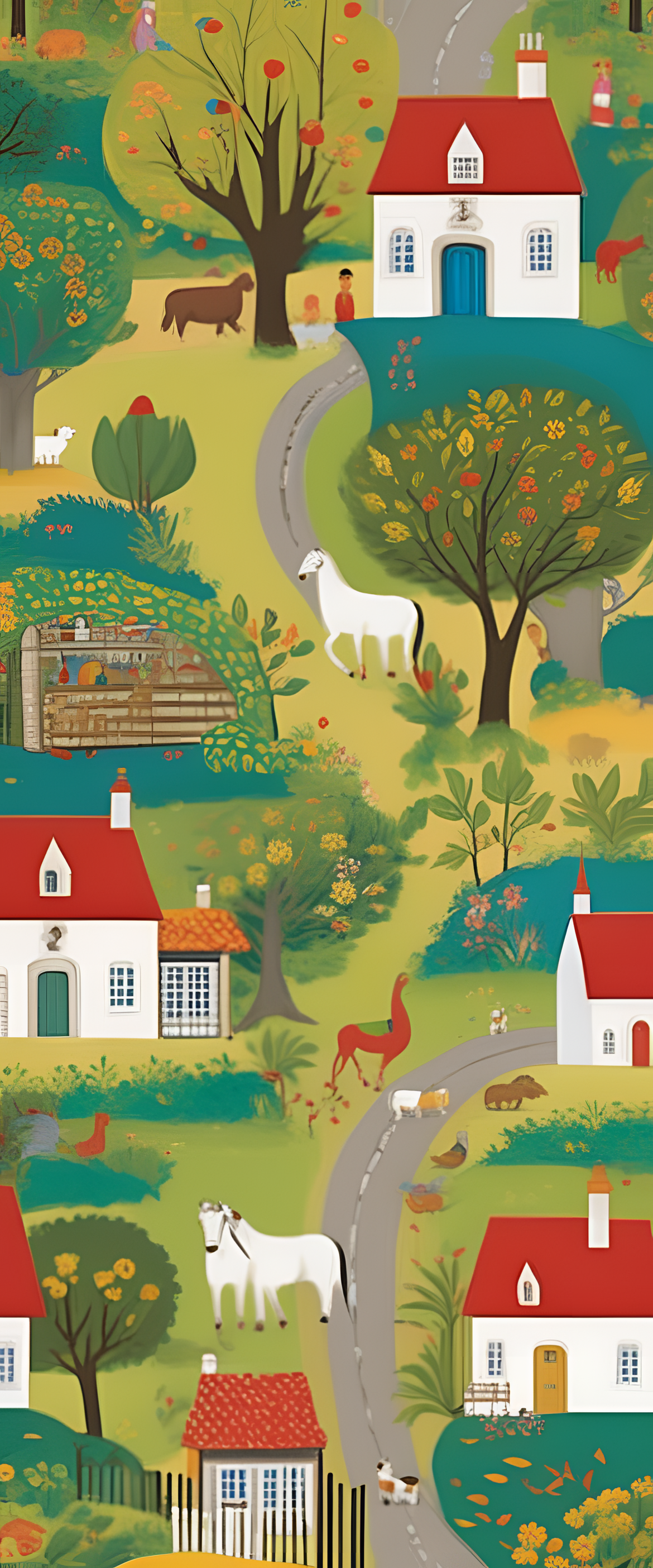 Country-inspired wallpaper with naive art design.