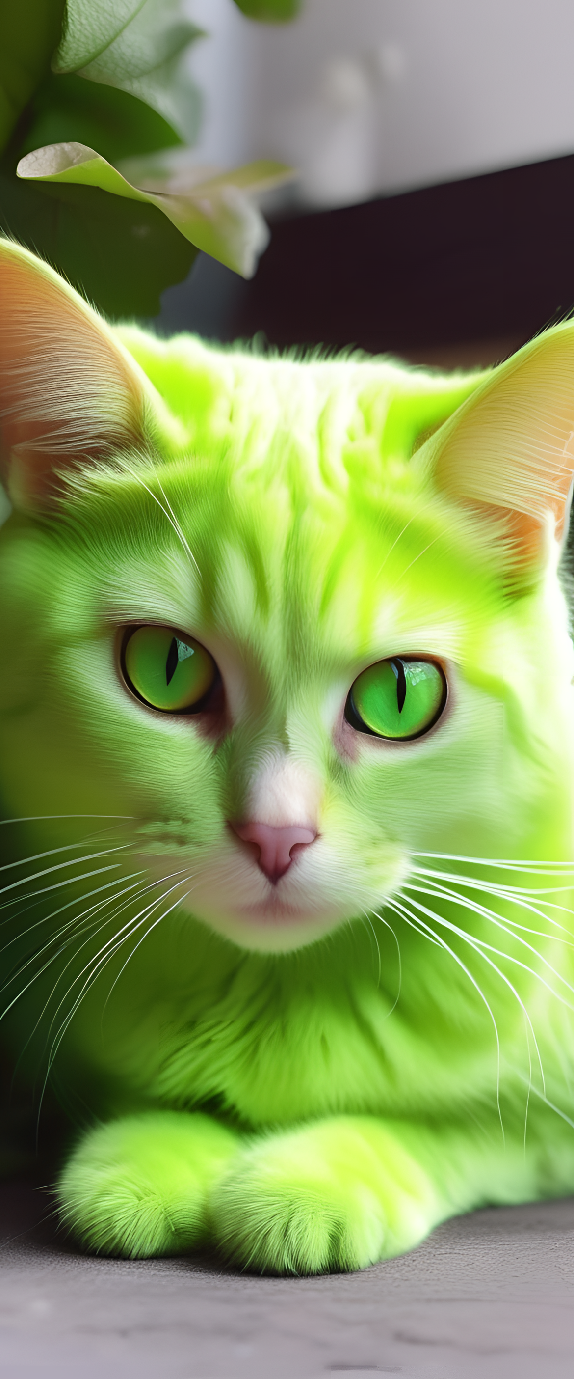 Playful acid green cat with adorable expression.