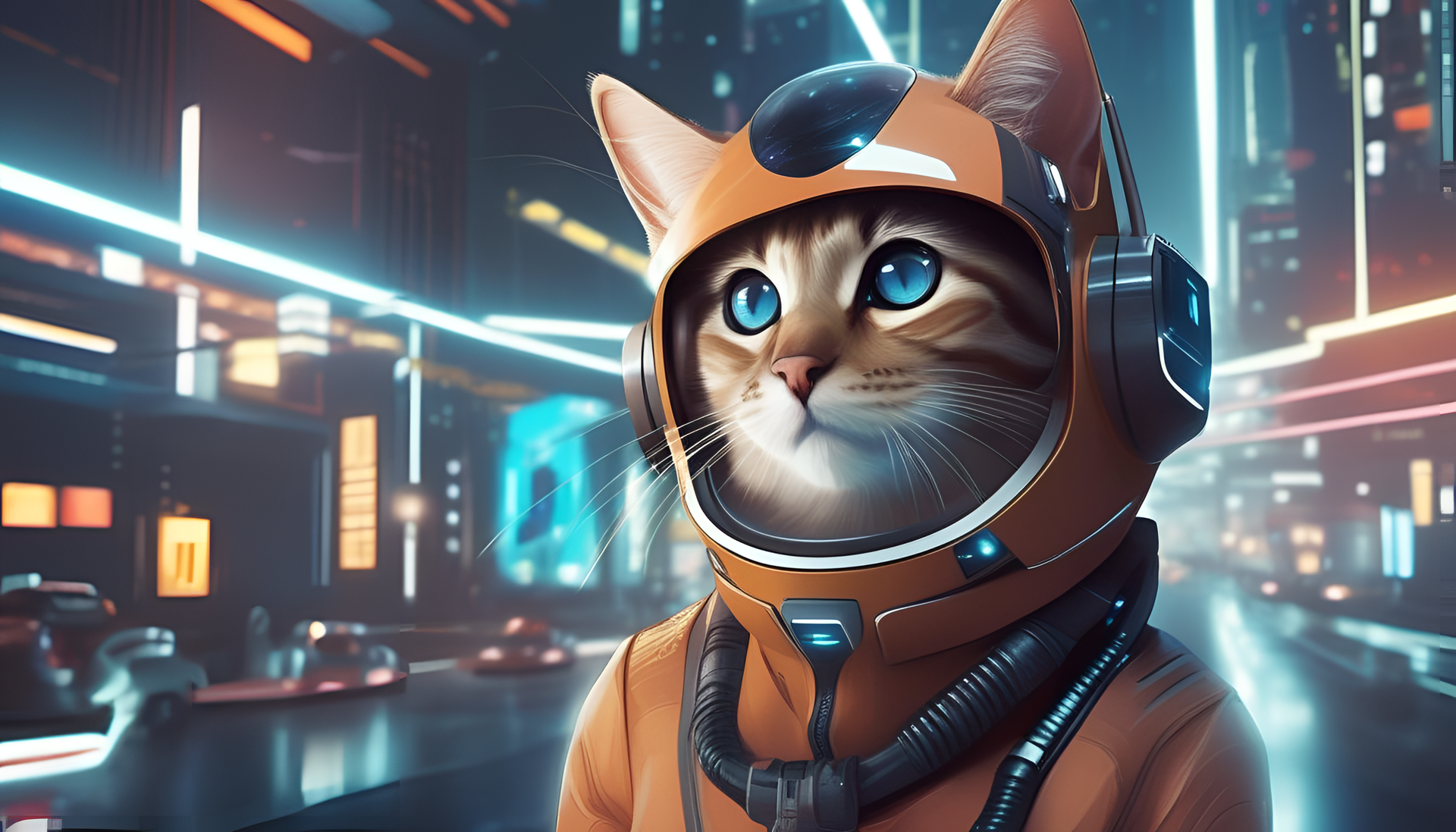 Futuristic cat with vibrant colors sitting on a digital background.