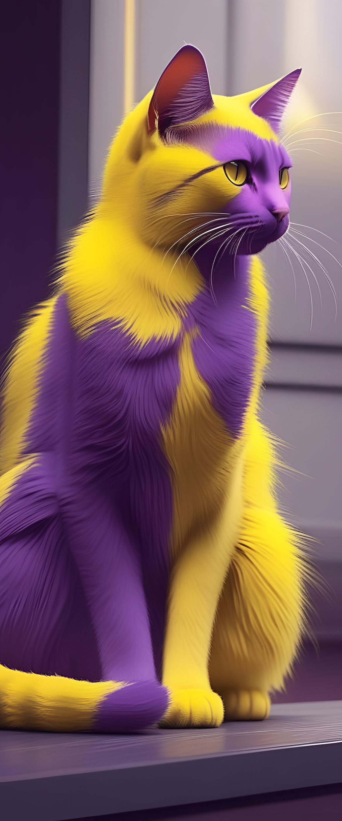 Cute purple and yellow cat on phone wallpaper.