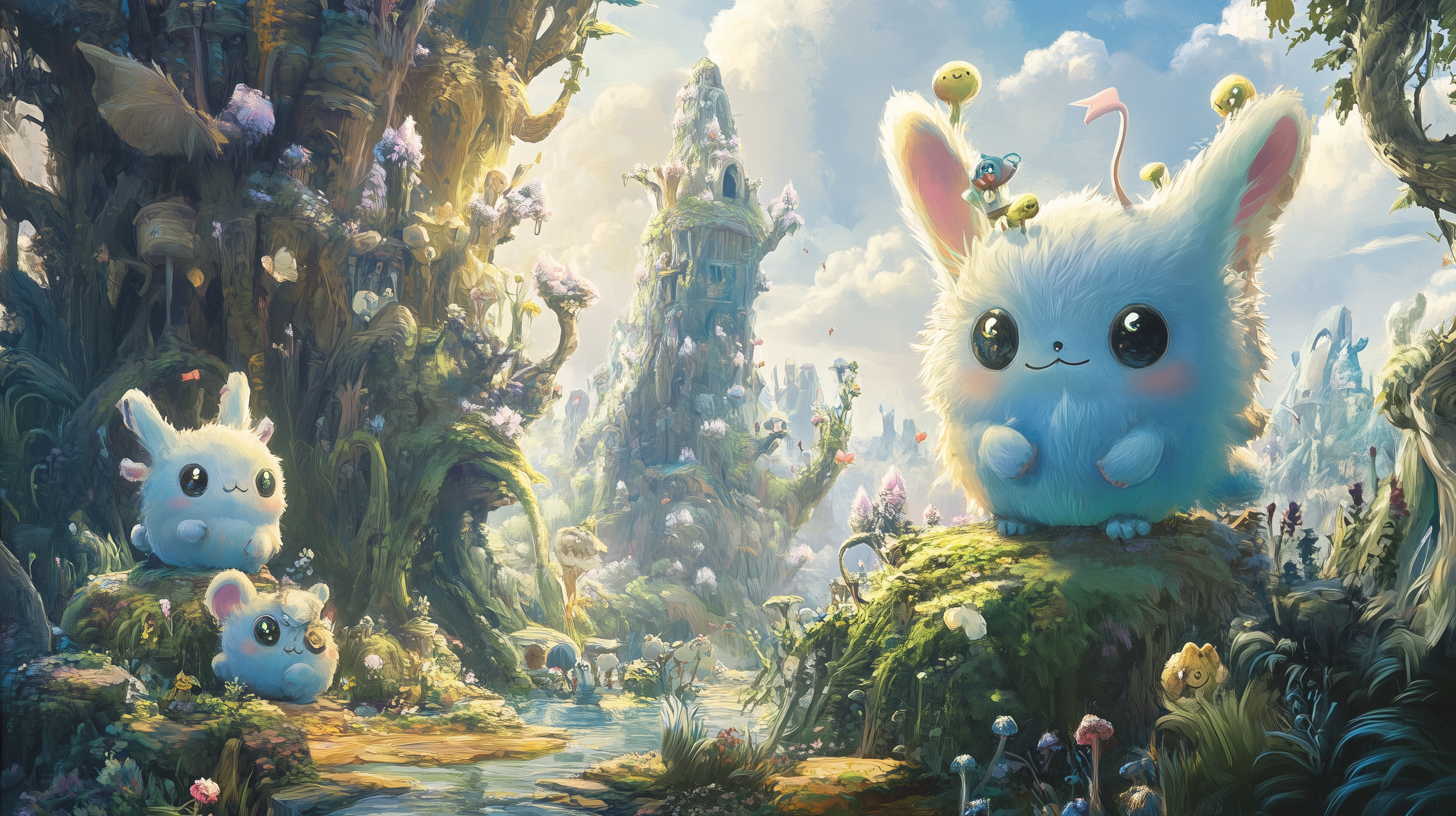 A vibrant fantasy landscape features adorable, fluffy creatures with large eyes, surrounded by whimsical flora and a serene stream, creating a captivating, enchanting scene.