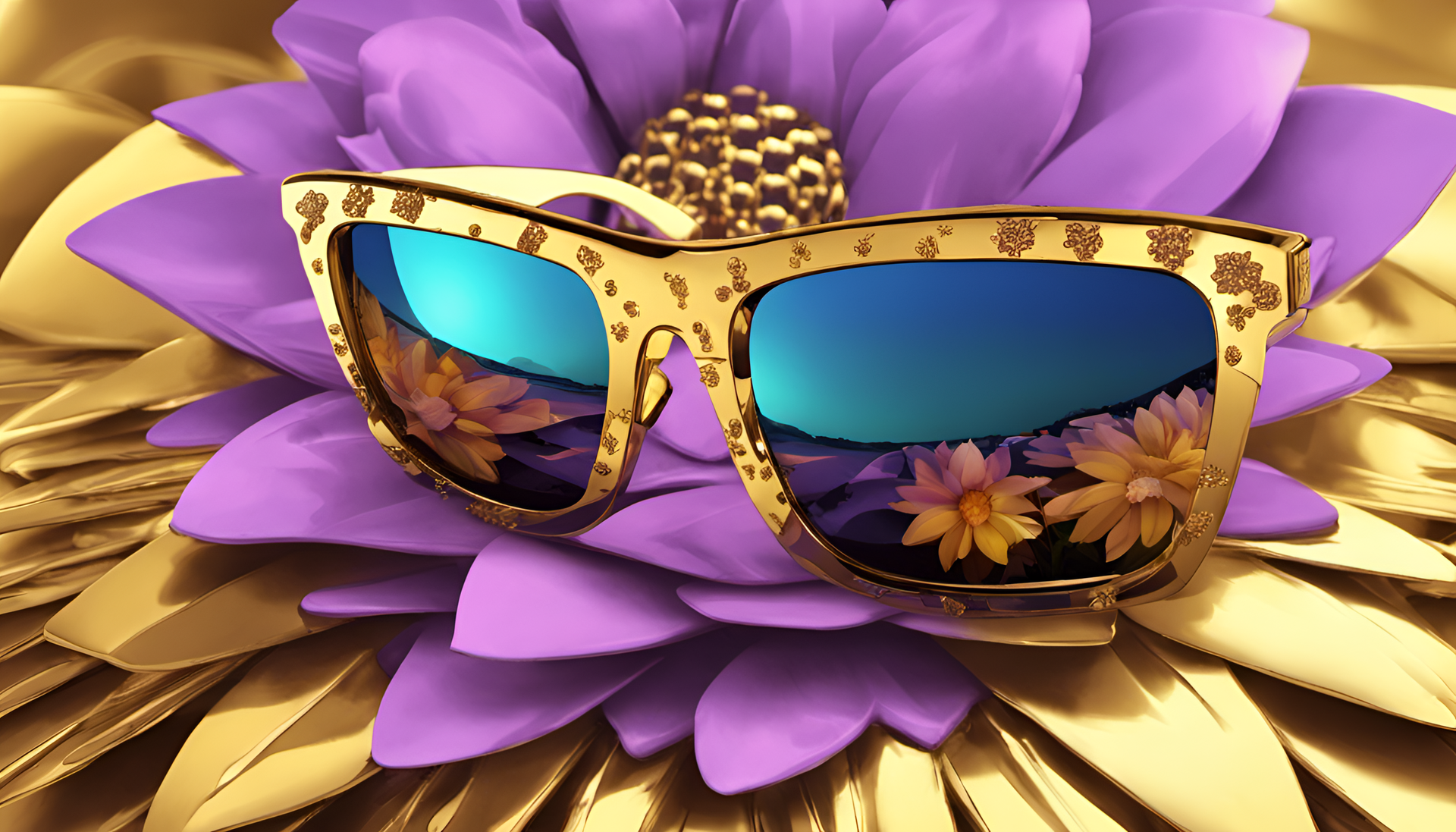 Golden sunglasses reflecting colorful flowers.