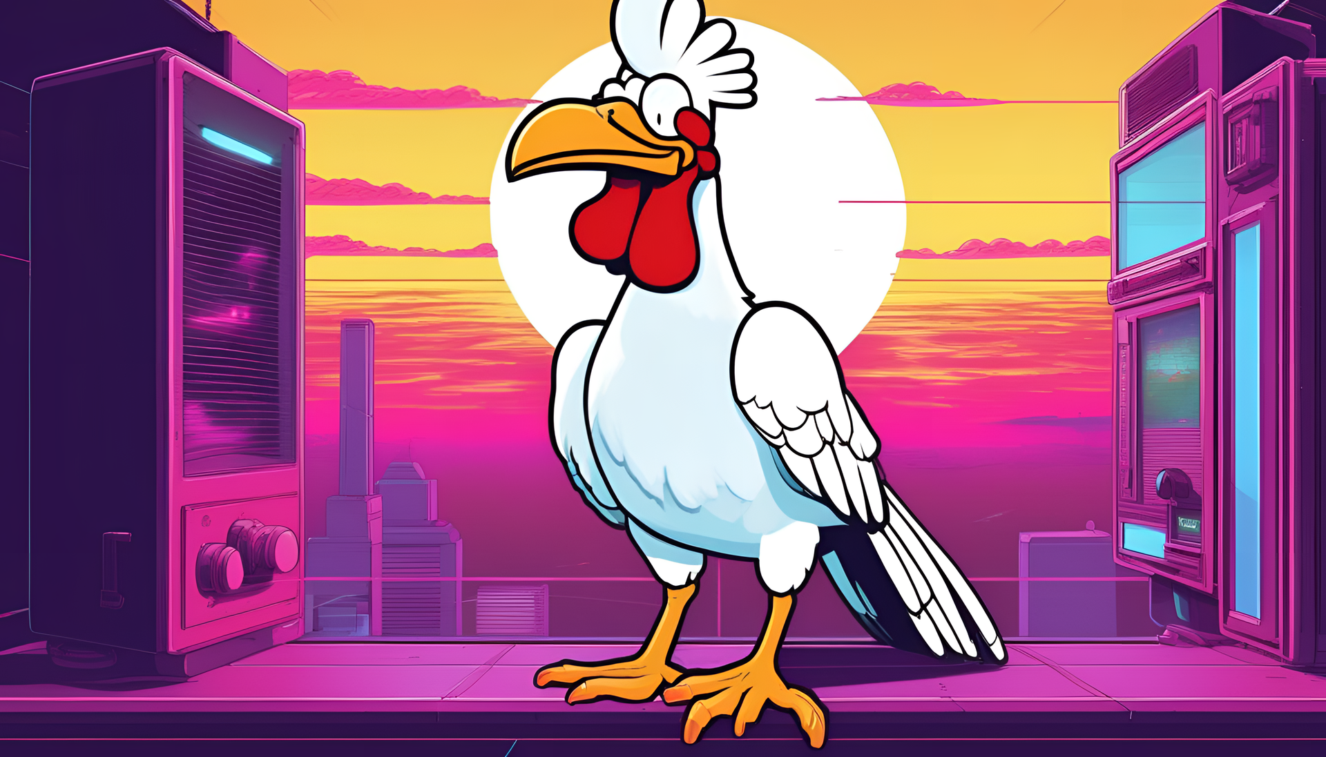 Foghorn Leghorn, a retro-inspired character, stands confidently in a vibrant, futuristic backdrop.