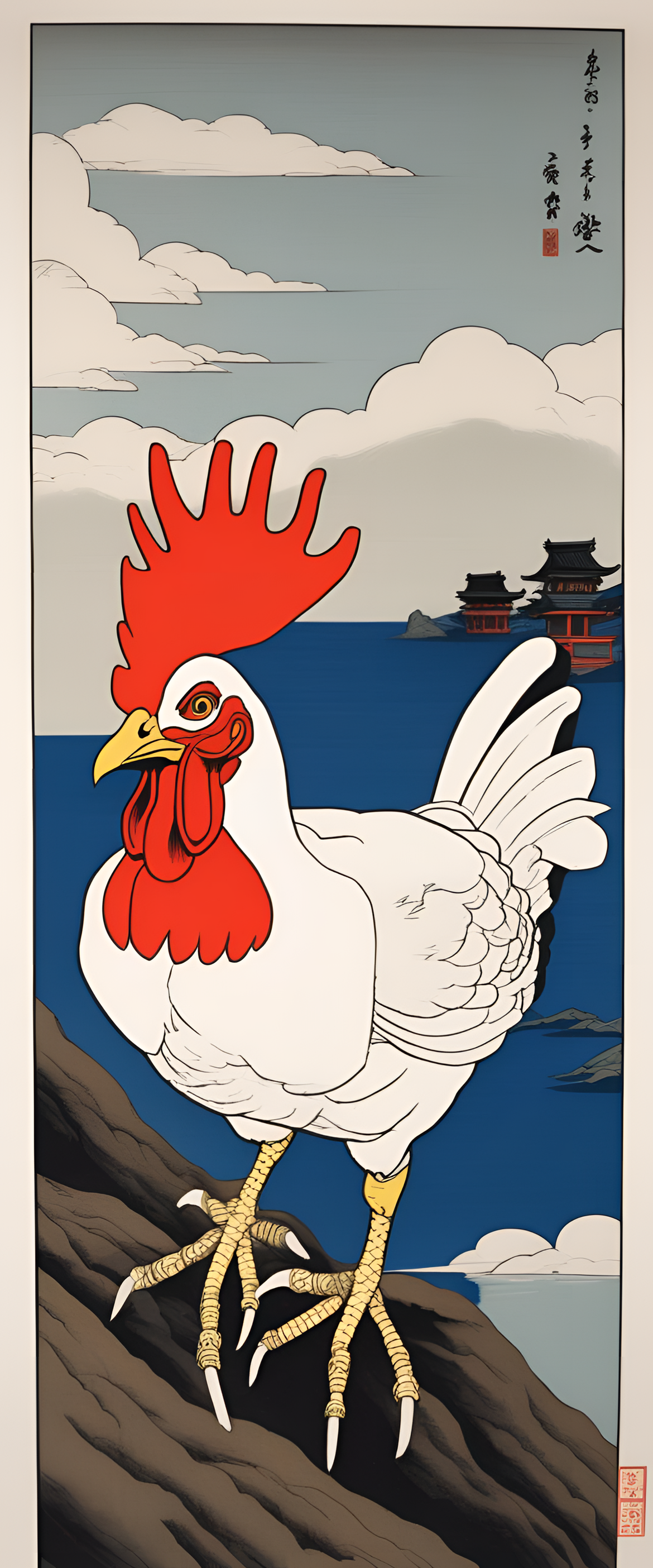 Foghorn Leghorn in Ukiyo-e style: Traditional Japanese artwork of a rooster dressed in vibrant attire.