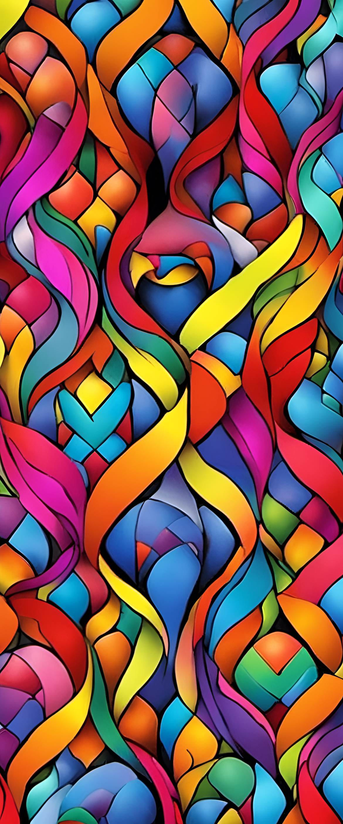 Colorful comedy mask with triadic hues on a wallpaper backdrop.