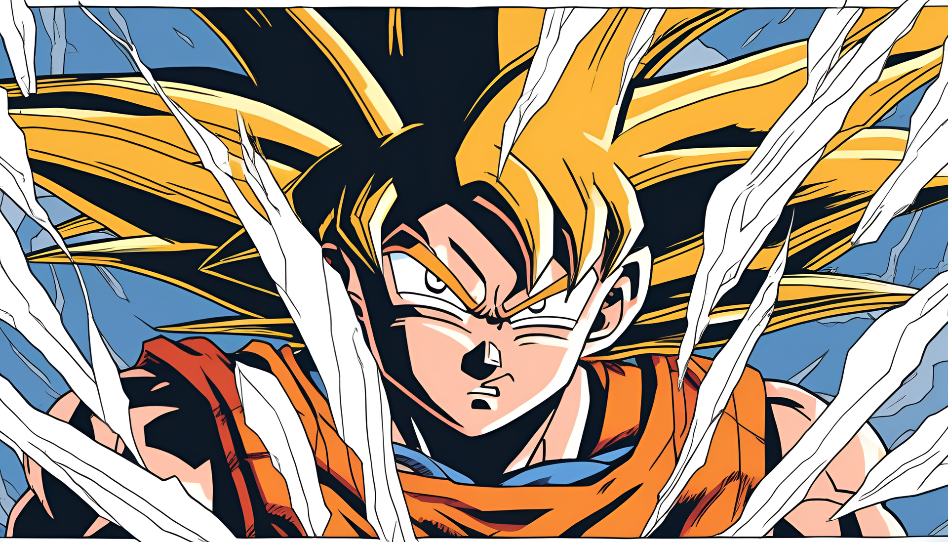 Powerful warrior Goku in action, emanating energy with intense determination.