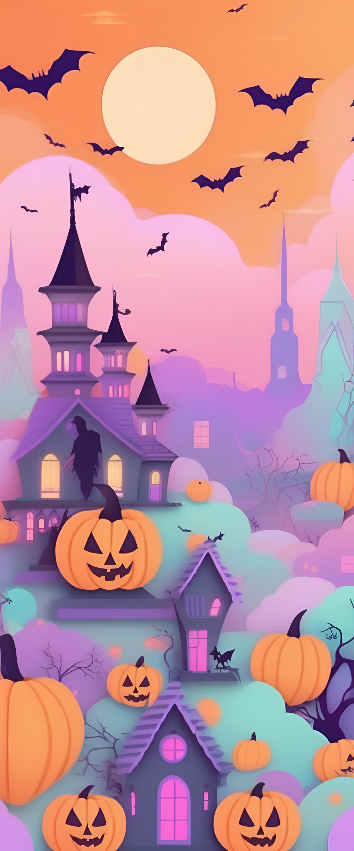 Futuristic Halloween-themed pastel colored background.