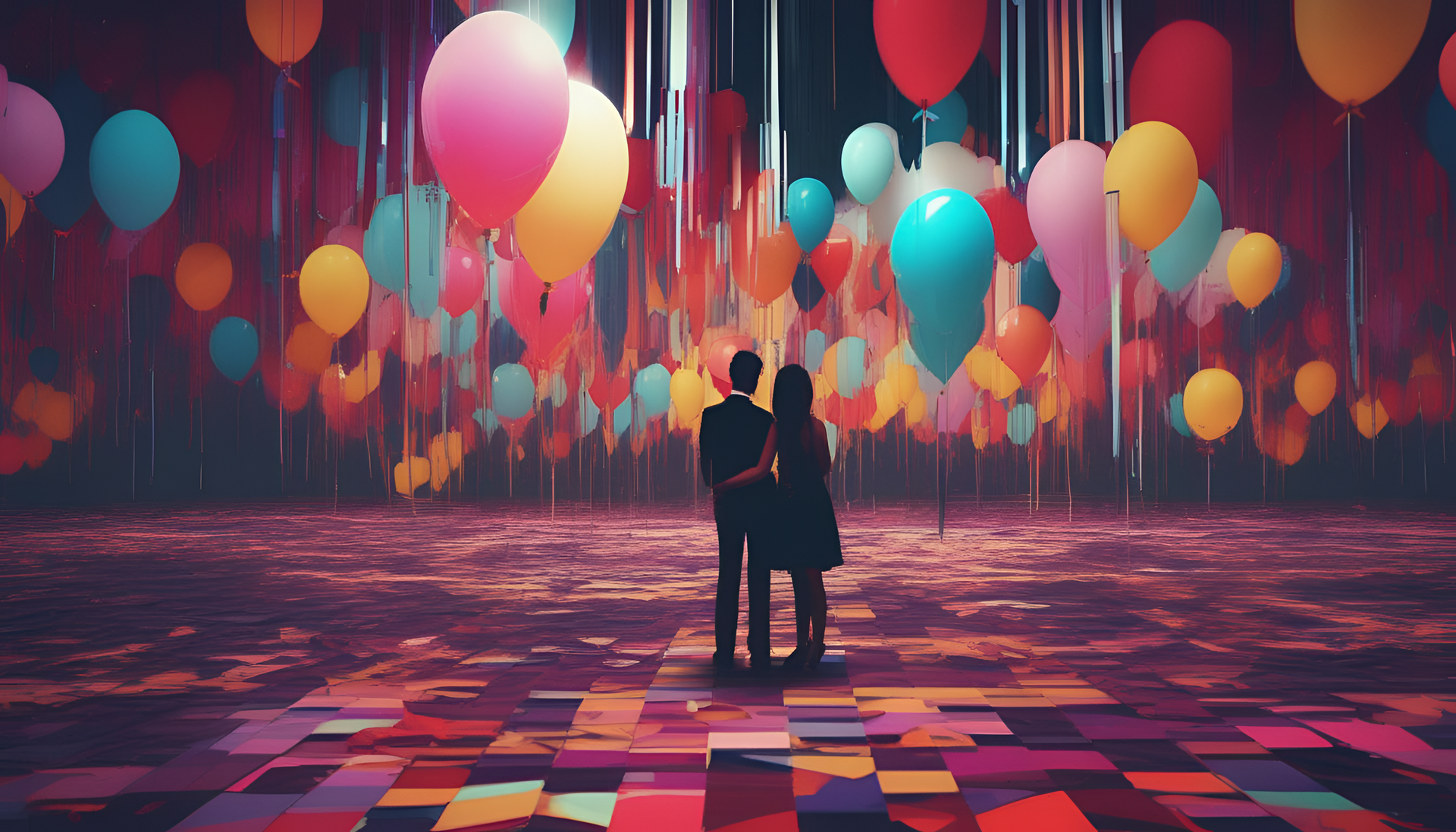 Colorful glitch art with the words 'Happy Anniversary' swirling in vibrant patterns.