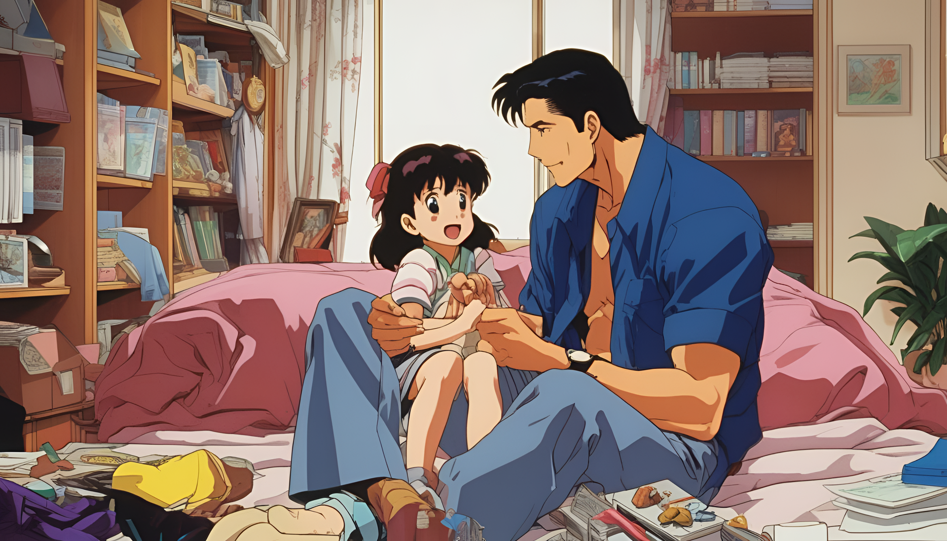 Colorful anime father and child celebrating Father's Day with smiles and joy.