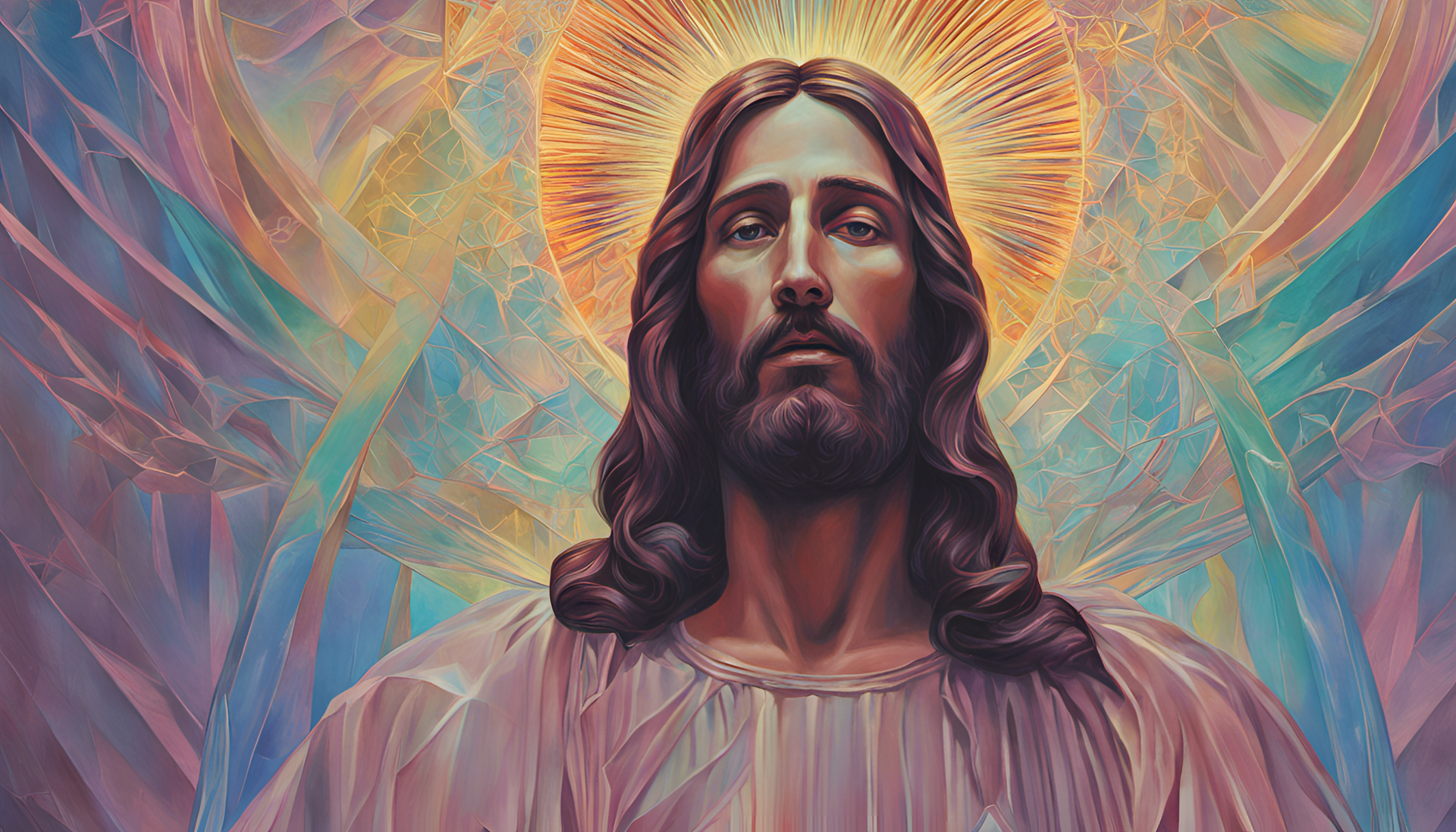 Iridescent depiction of Jesus in majestic form.