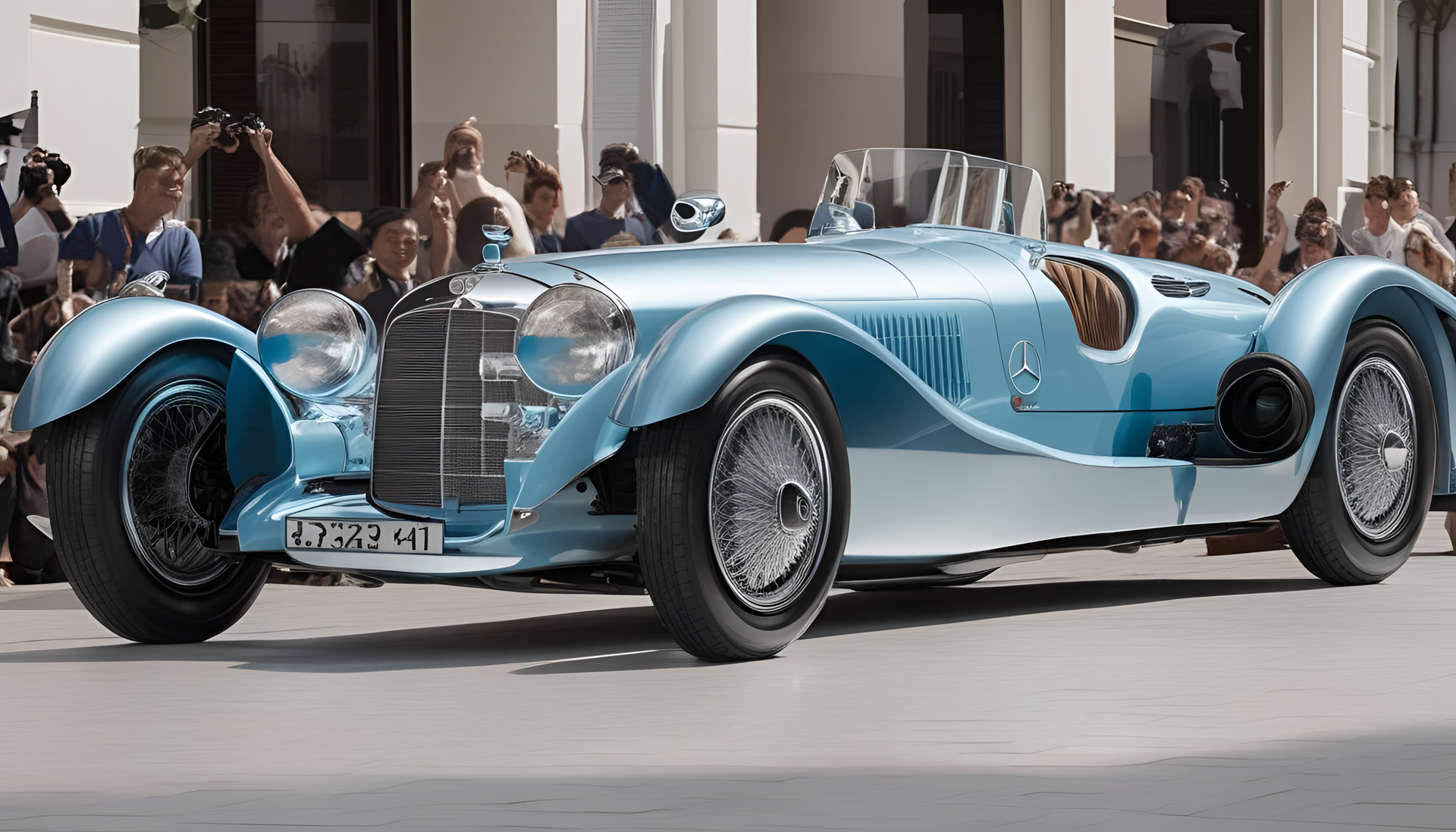 Light blue and silver Mercedes W14 sports car on a scenic road.