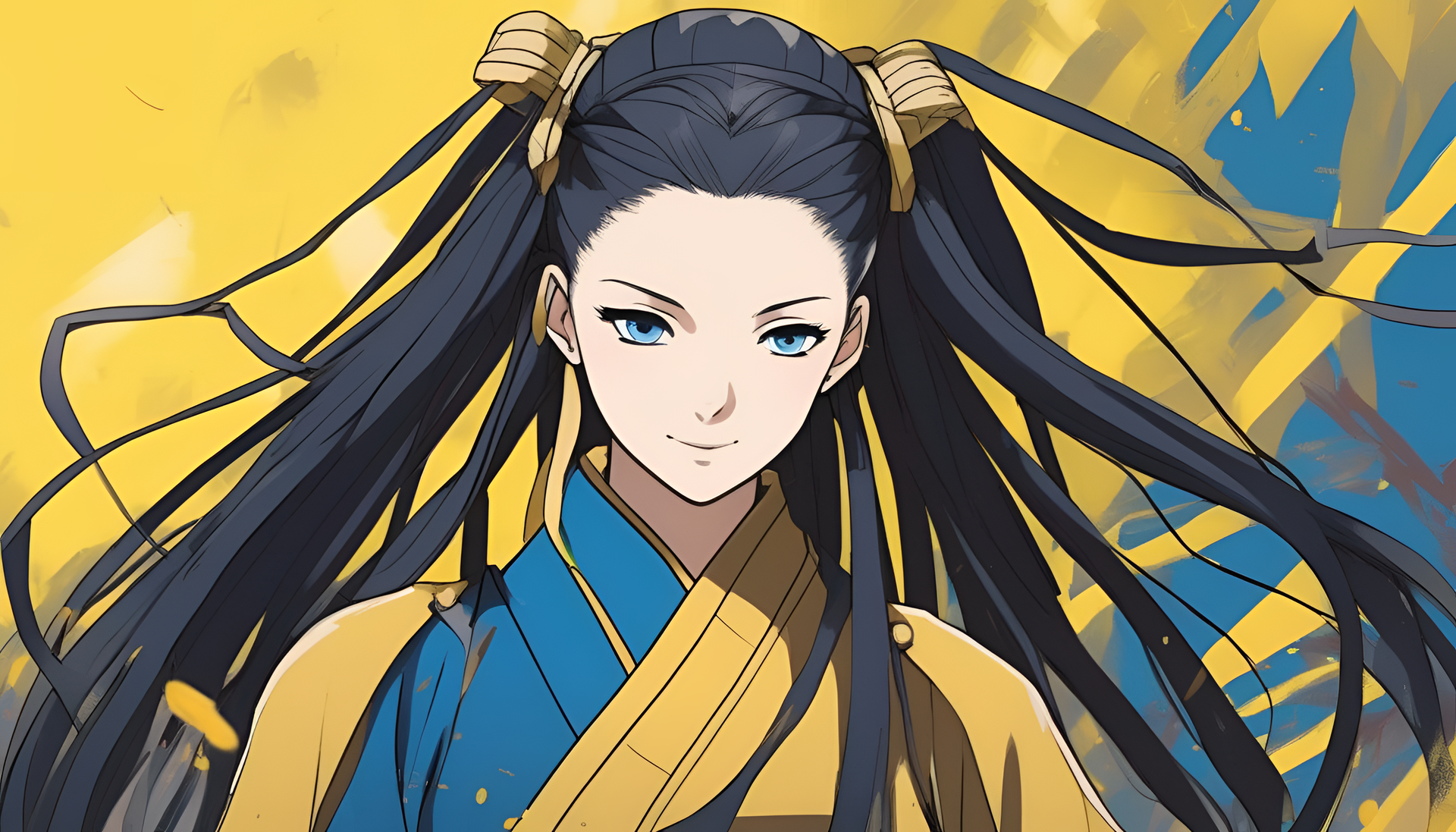 Vibrant Nezuko artwork showcasing blue and yellow hues.